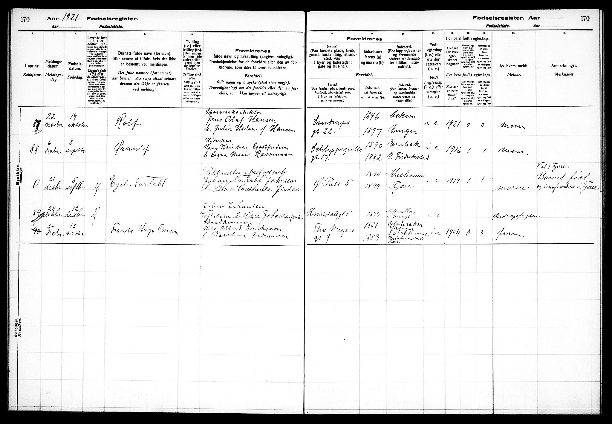 Paulus prestekontor Kirkebøker, AV/SAO-A-10871/J/Ja/L0001: Fødselsregister nr. 1, 1916-1923, s. 170