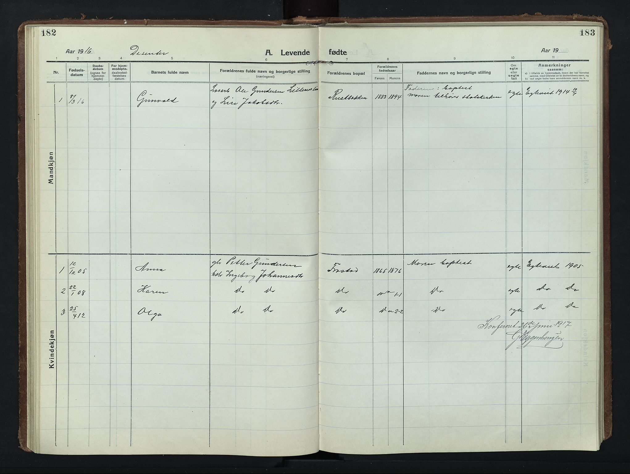 Nord-Fron prestekontor, SAH/PREST-080/H/Ha/Hab/L0008: Klokkerbok nr. 8, 1915-1948, s. 182-183