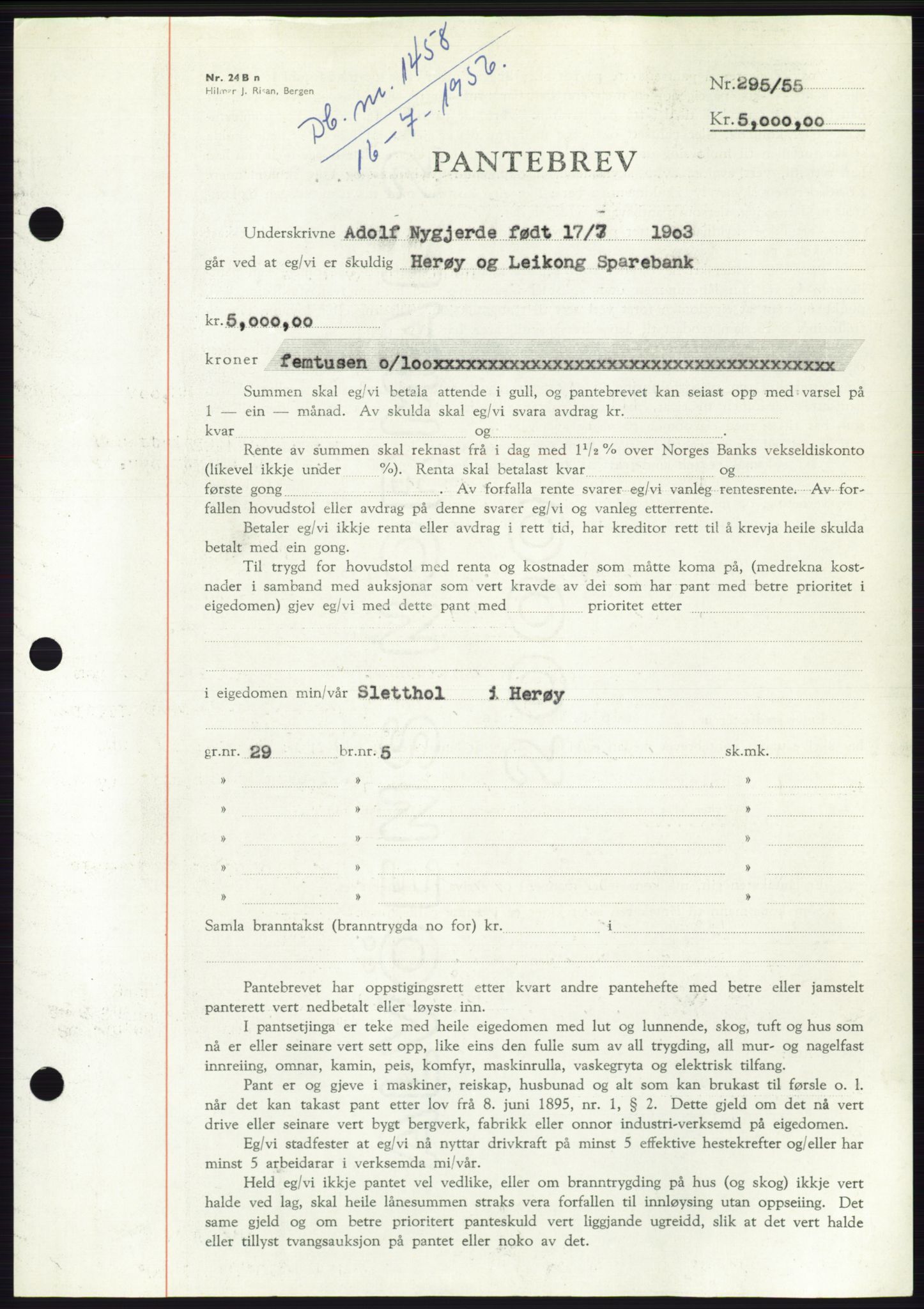 Søre Sunnmøre sorenskriveri, SAT/A-4122/1/2/2C/L0128: Pantebok nr. 16B, 1956-1956, Dagboknr: 1458/1956