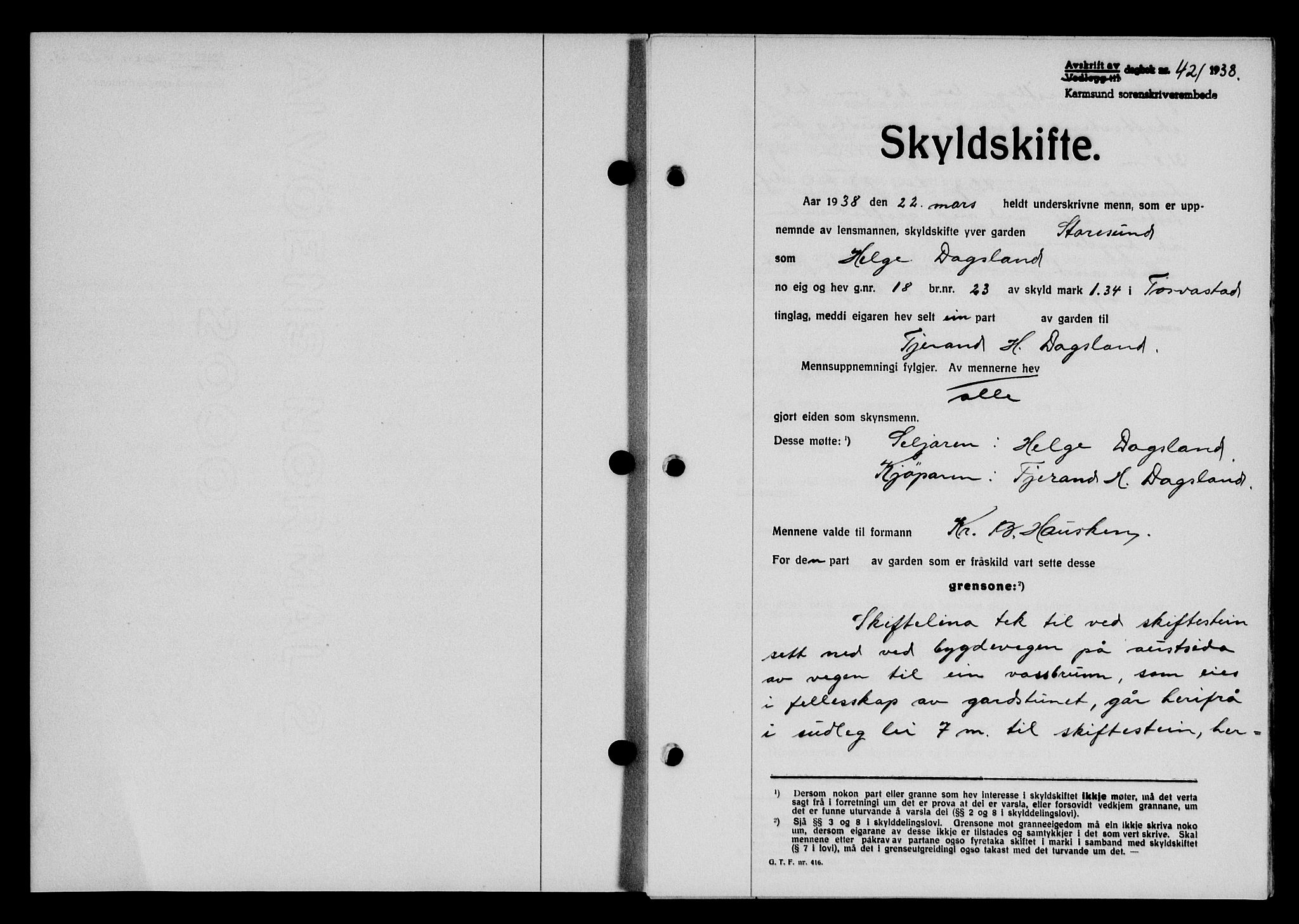 Karmsund sorenskriveri, SAST/A-100311/01/II/IIB/L0069: Pantebok nr. 50A, 1937-1938, Dagboknr: 421/1938
