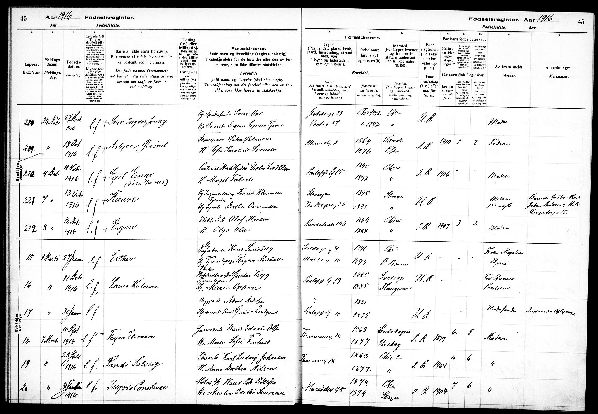 Sagene prestekontor Kirkebøker, AV/SAO-A-10796/J/L0001: Fødselsregister nr. 1, 1916-1920, s. 45