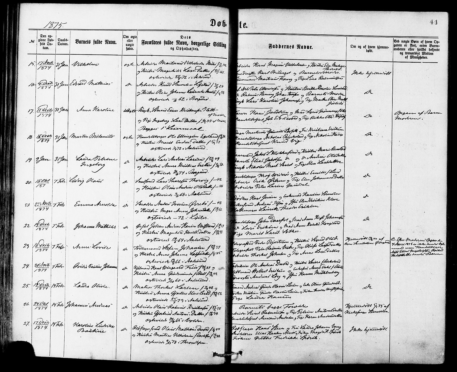 Ministerialprotokoller, klokkerbøker og fødselsregistre - Møre og Romsdal, SAT/A-1454/529/L0453: Ministerialbok nr. 529A03, 1872-1877, s. 44