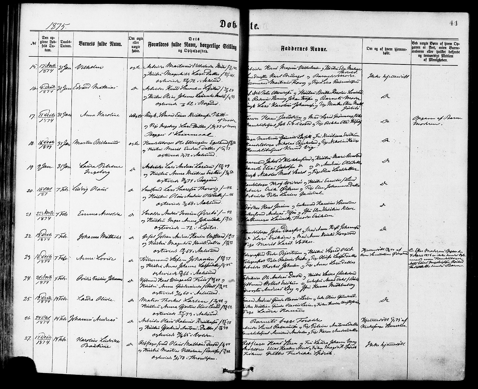 Ministerialprotokoller, klokkerbøker og fødselsregistre - Møre og Romsdal, AV/SAT-A-1454/529/L0453: Ministerialbok nr. 529A03, 1872-1877, s. 44