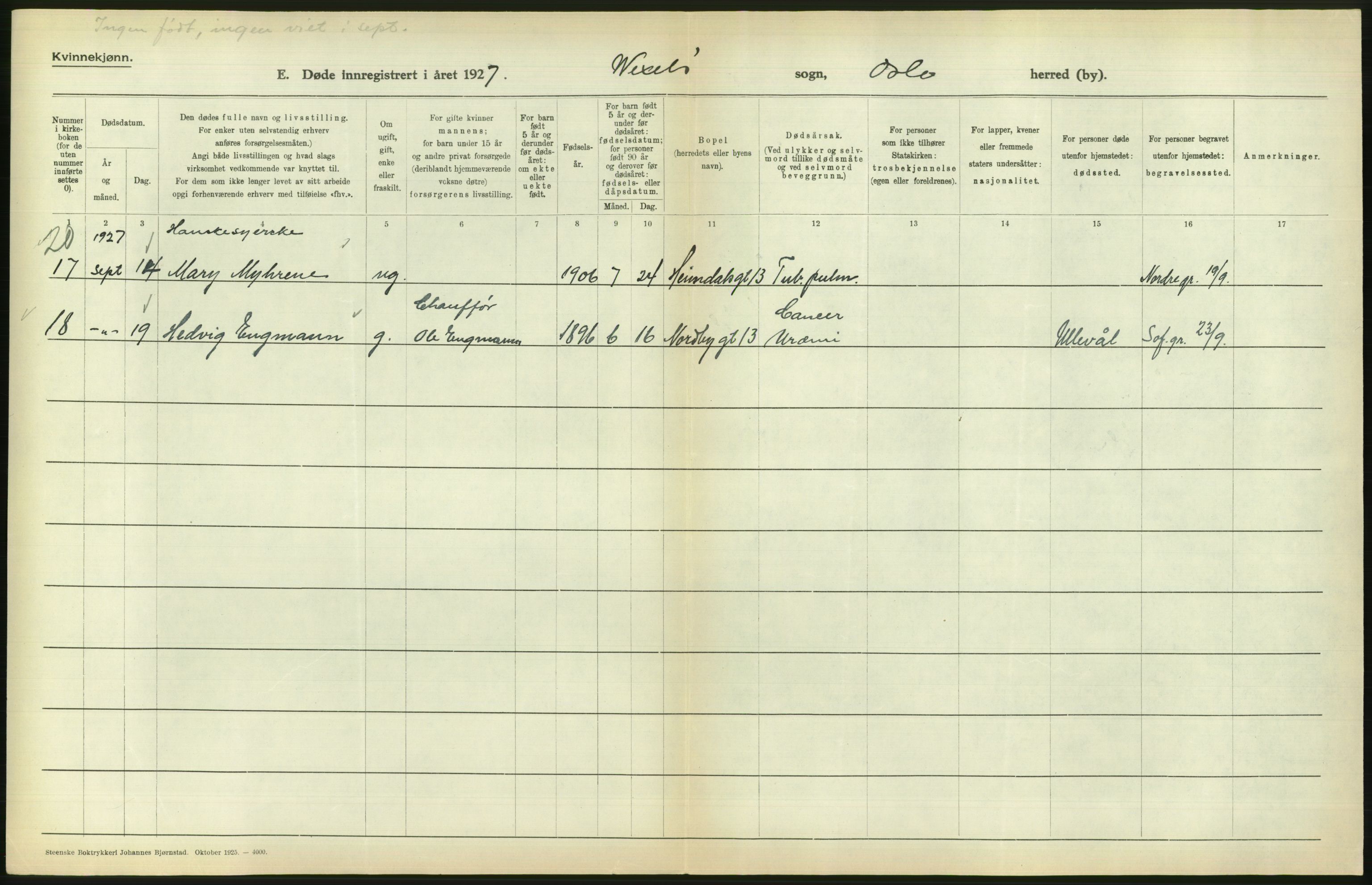 Statistisk sentralbyrå, Sosiodemografiske emner, Befolkning, AV/RA-S-2228/D/Df/Dfc/Dfcg/L0010: Oslo: Døde kvinner, dødfødte, 1927, s. 716