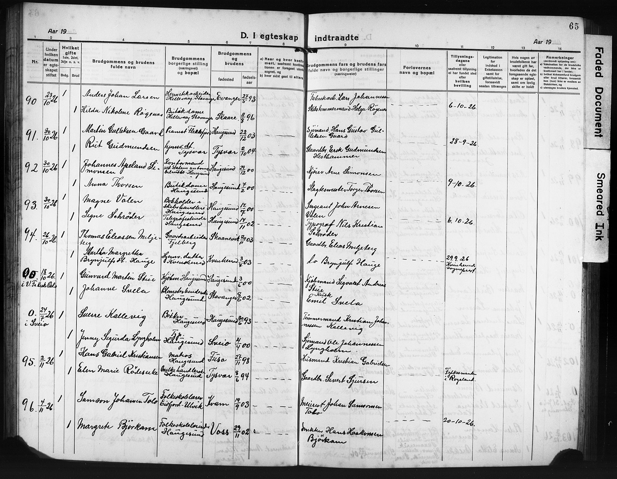 Haugesund sokneprestkontor, AV/SAST-A -101863/H/Ha/Hab/L0010: Klokkerbok nr. B 10, 1920-1931, s. 65
