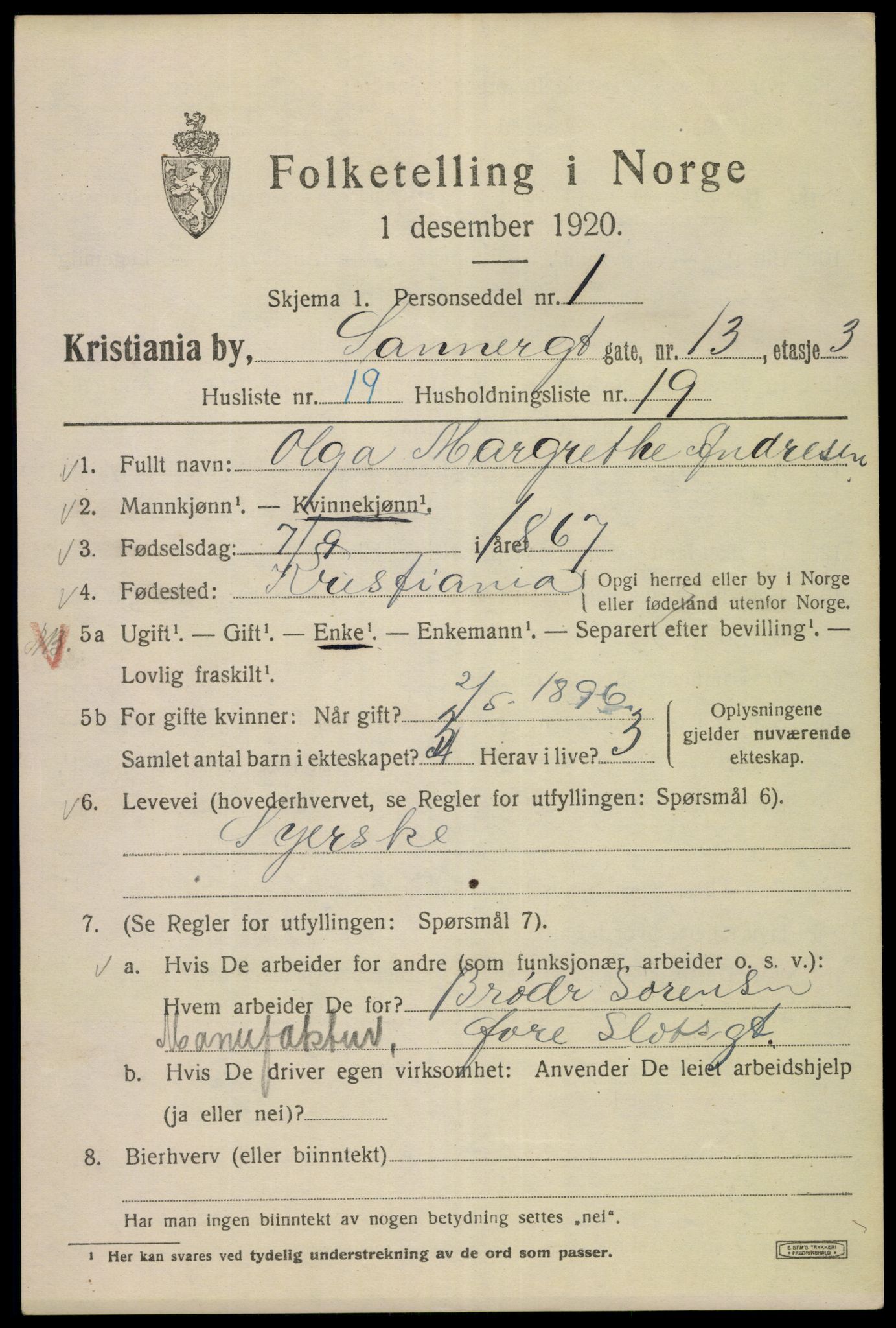 SAO, Folketelling 1920 for 0301 Kristiania kjøpstad, 1920, s. 461500