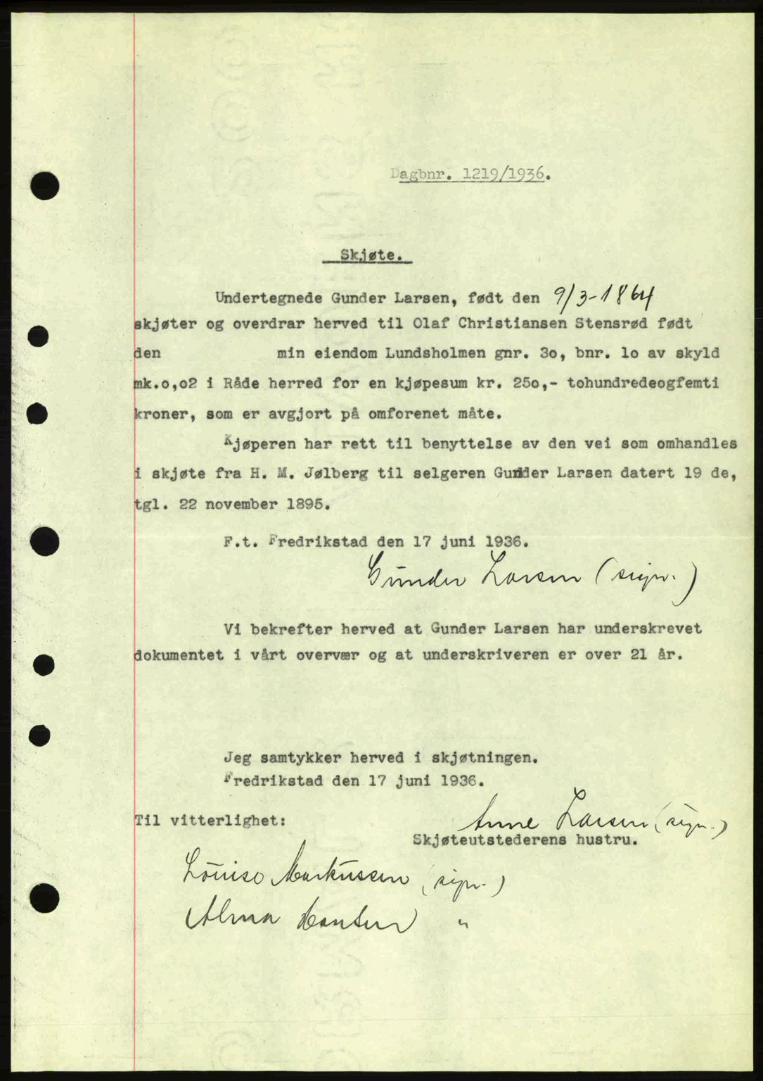 Moss sorenskriveri, SAO/A-10168: Pantebok nr. A1, 1936-1936, Dagboknr: 1219/1936