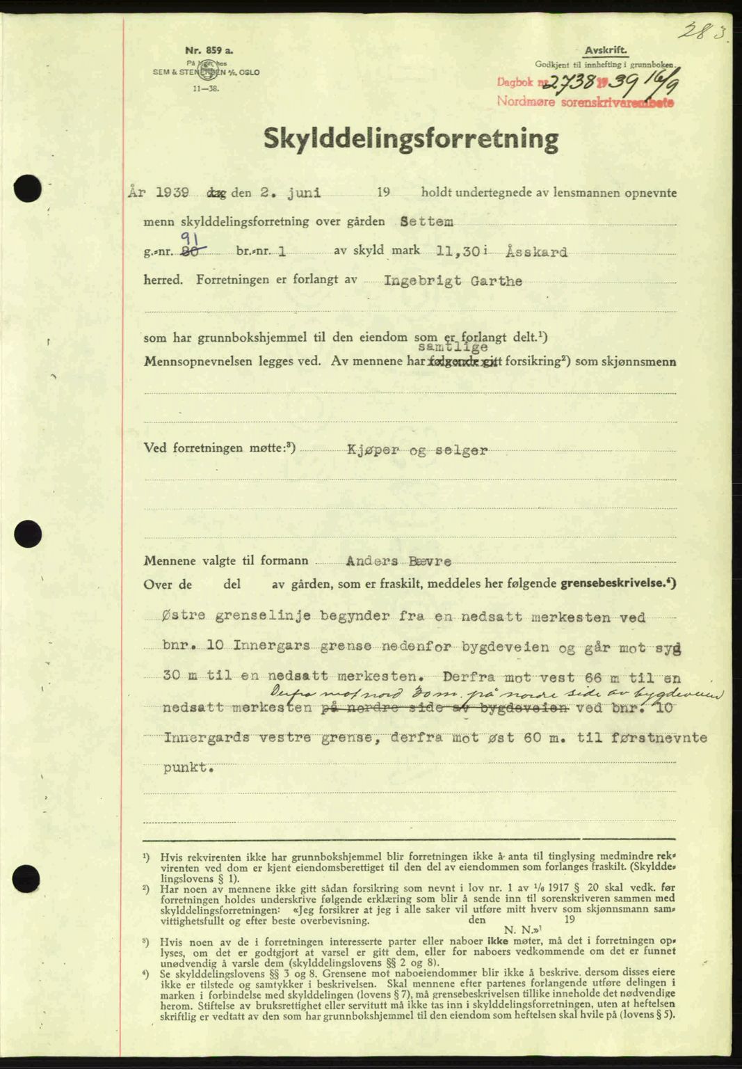 Nordmøre sorenskriveri, SAT/A-4132/1/2/2Ca: Pantebok nr. A87, 1939-1940, Dagboknr: 2738/1939
