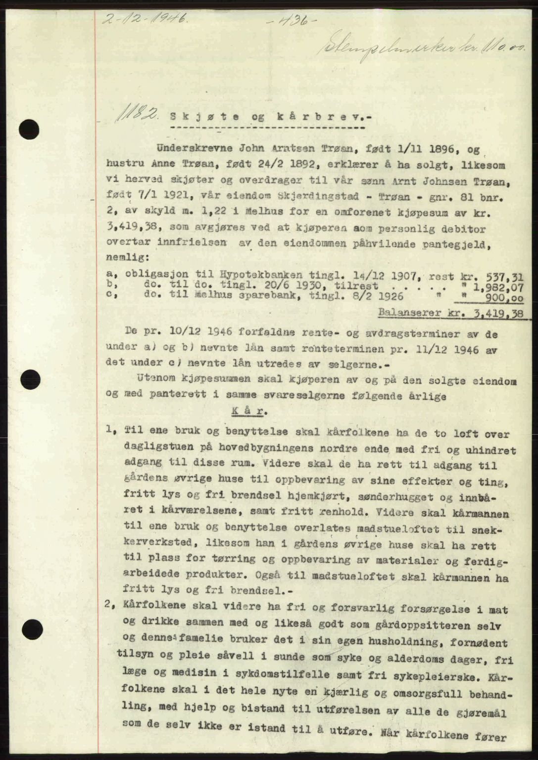 Gauldal sorenskriveri, SAT/A-0014/1/2/2C: Pantebok nr. A2, 1946-1946, Dagboknr: 1182/1946