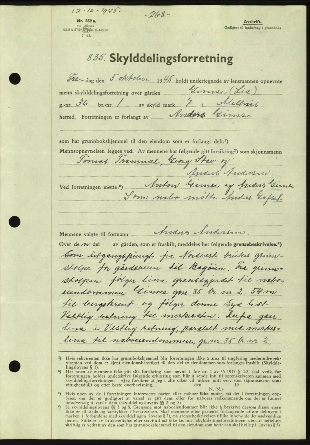 Gauldal sorenskriveri, SAT/A-0014/1/2/2C: Pantebok nr. A1a, 1945-1945, Dagboknr: 835/1945