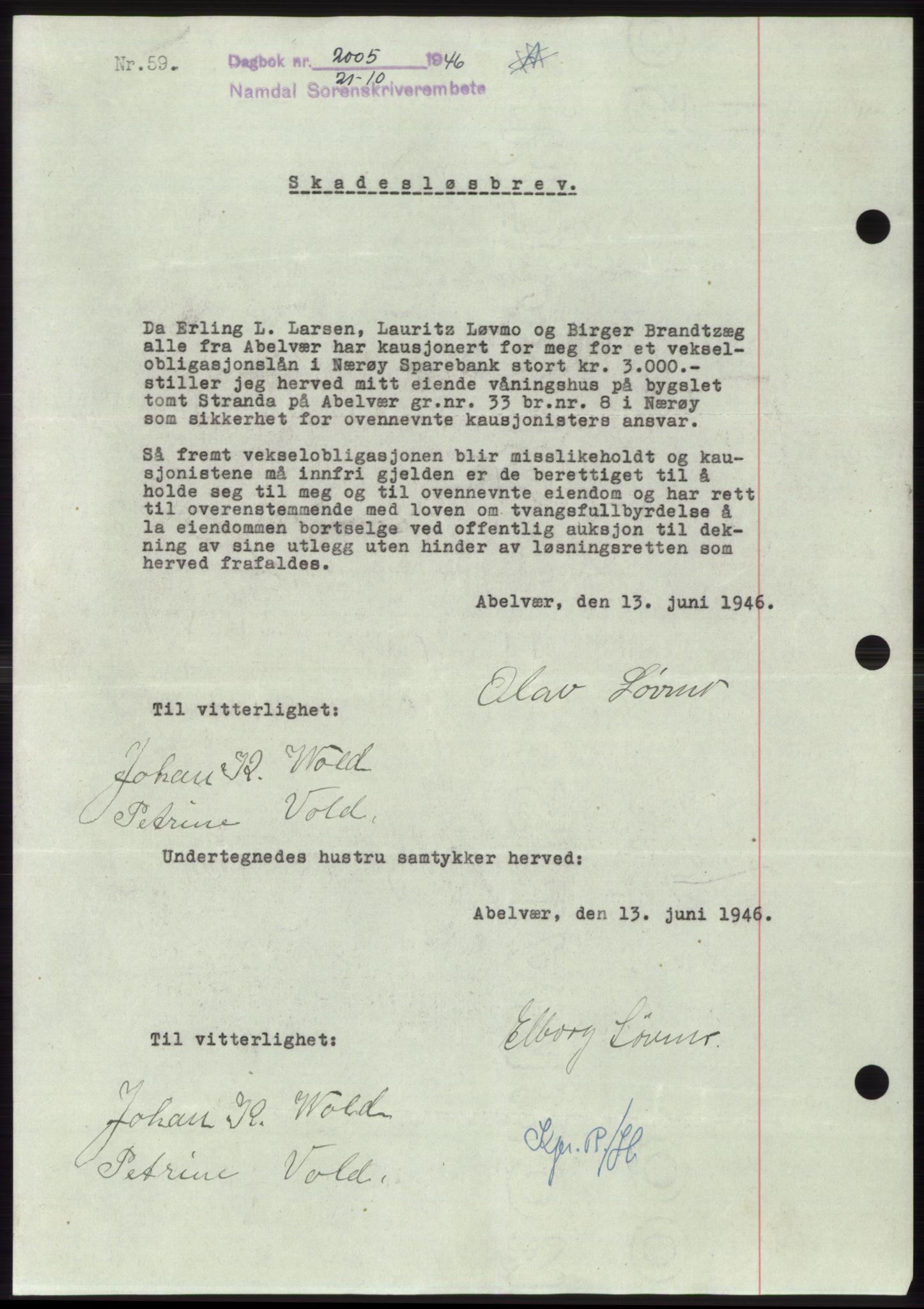 Namdal sorenskriveri, SAT/A-4133/1/2/2C: Pantebok nr. -, 1946-1947, Dagboknr: 2005/1946