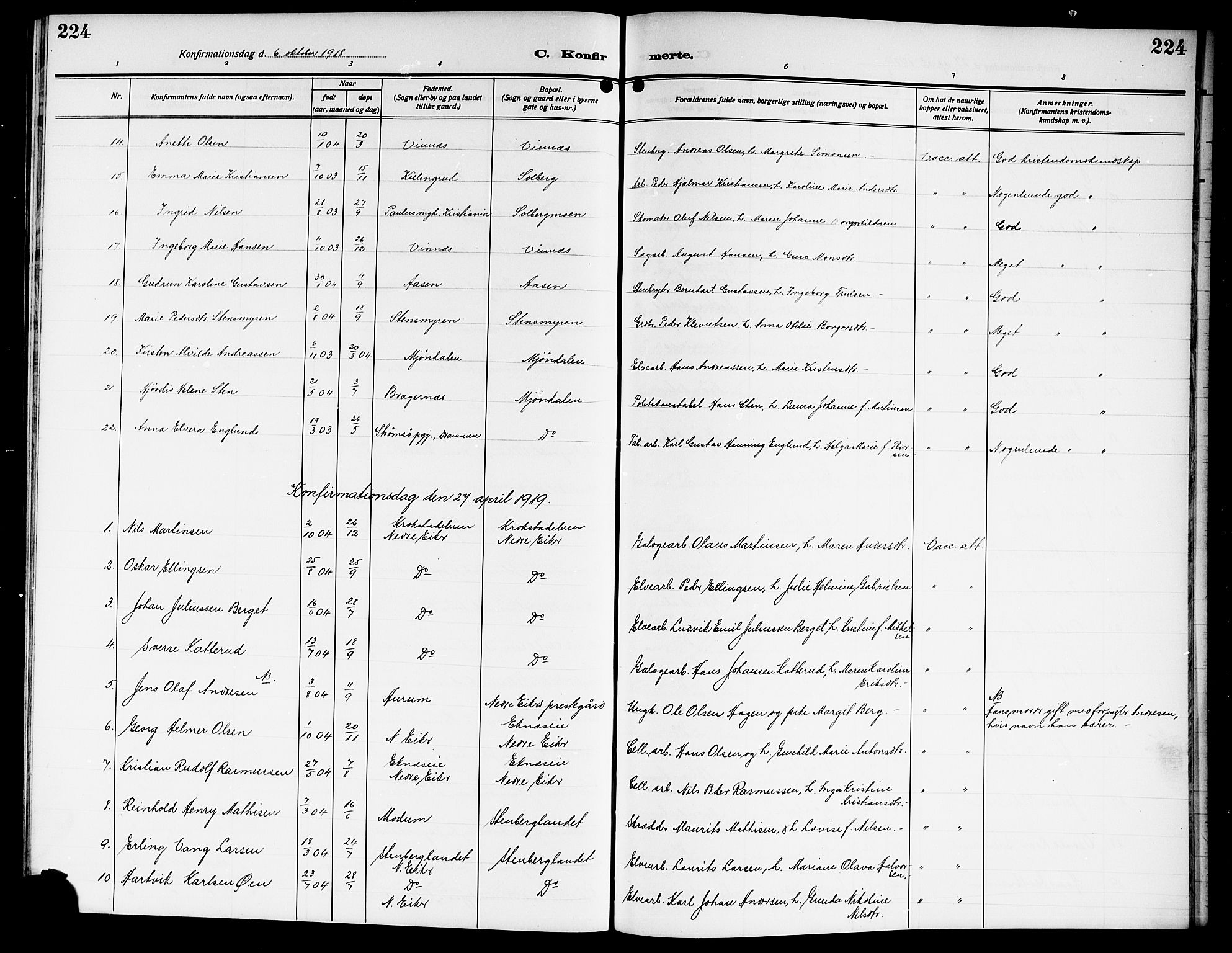 Nedre Eiker kirkebøker, AV/SAKO-A-612/G/Ga/L0005: Klokkerbok nr. 5, 1913-1921, s. 224