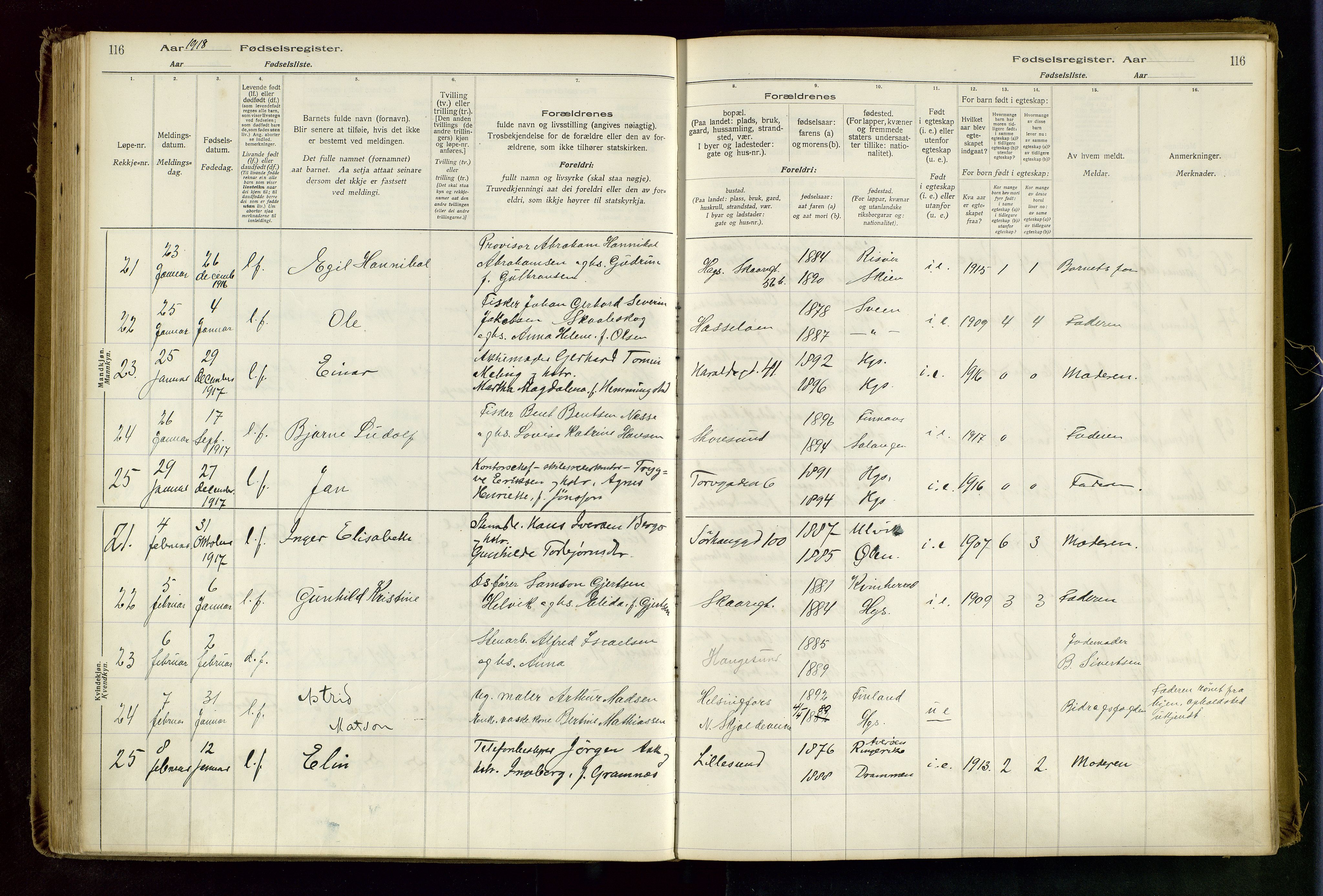 Haugesund sokneprestkontor, AV/SAST-A -101863/I/Id/L0003: Fødselsregister nr. 1, 1916-1919, s. 116