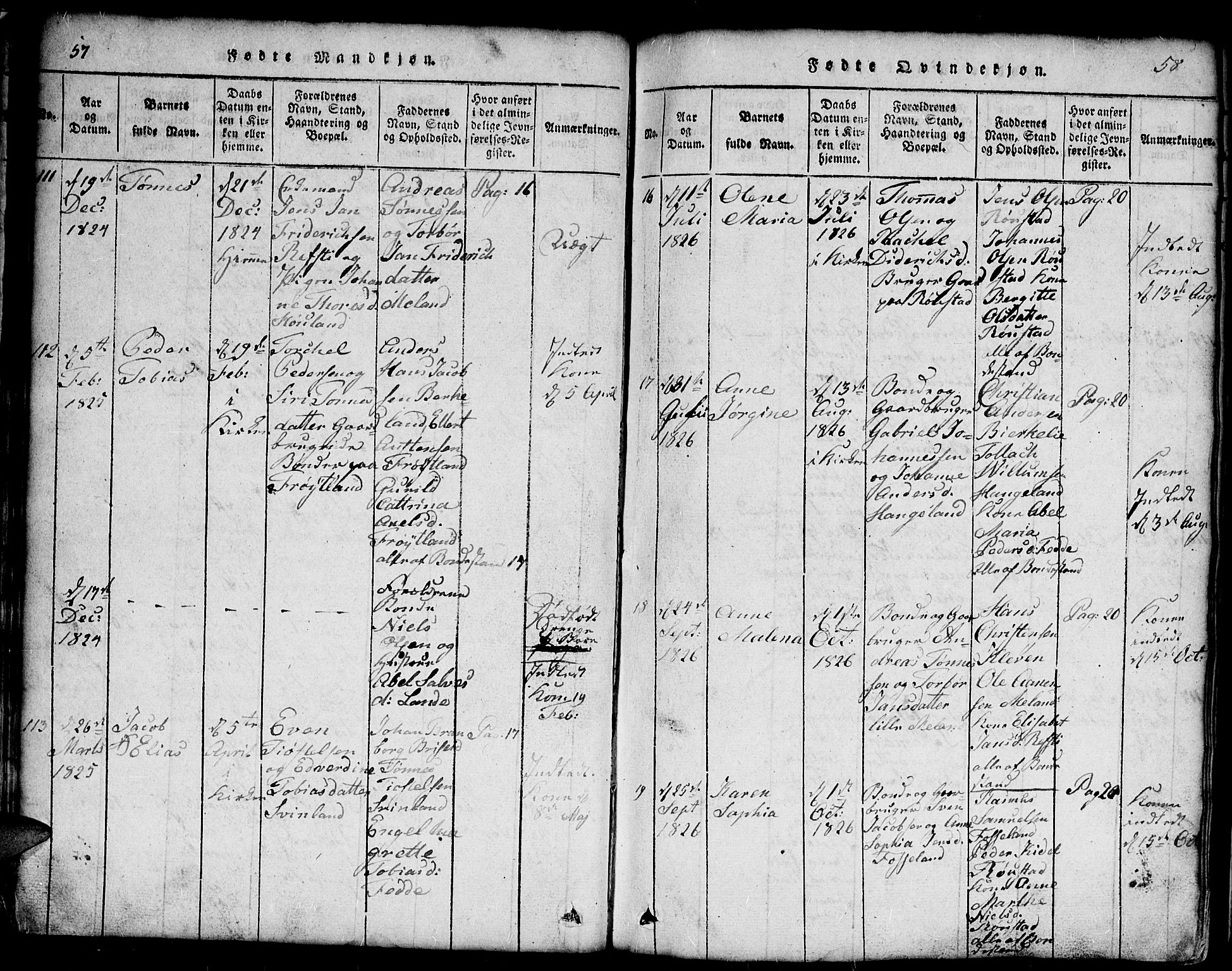 Kvinesdal sokneprestkontor, SAK/1111-0026/F/Fb/Fba/L0001: Klokkerbok nr. B 1, 1815-1839, s. 57-58