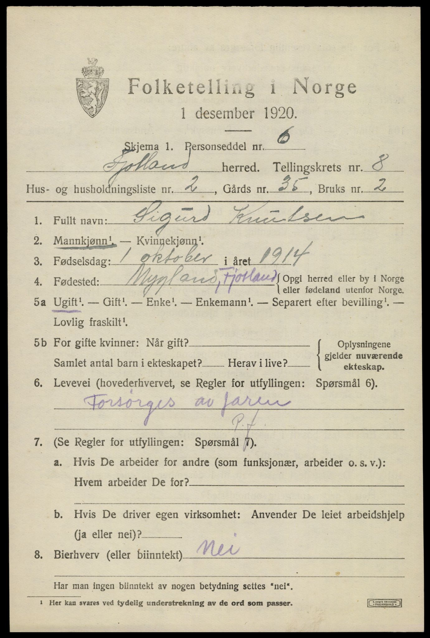 SAK, Folketelling 1920 for 1036 Fjotland herred, 1920, s. 2016