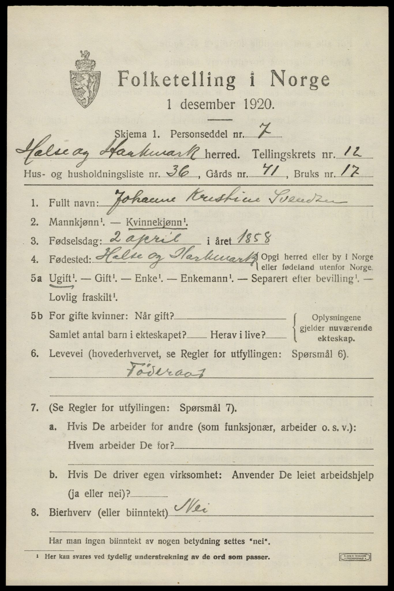 SAK, Folketelling 1920 for 1019 Halse og Harkmark herred, 1920, s. 6937