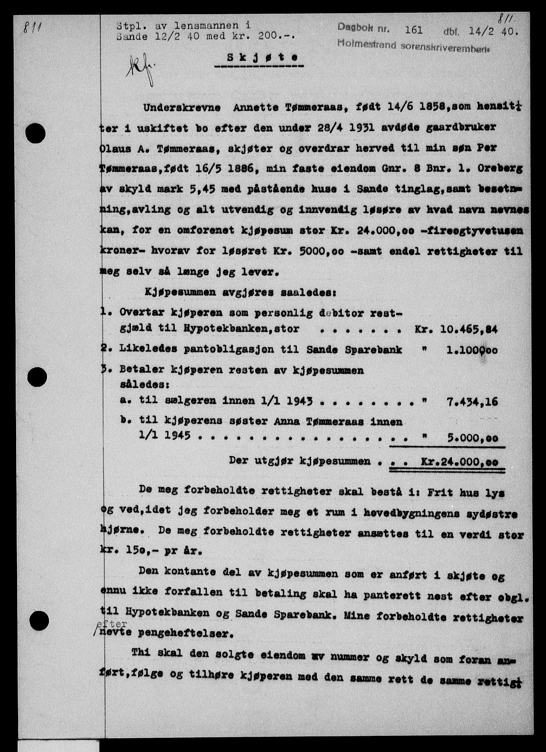 Holmestrand sorenskriveri, SAKO/A-67/G/Ga/Gaa/L0051: Pantebok nr. A-51, 1939-1940, Dagboknr: 161/1940