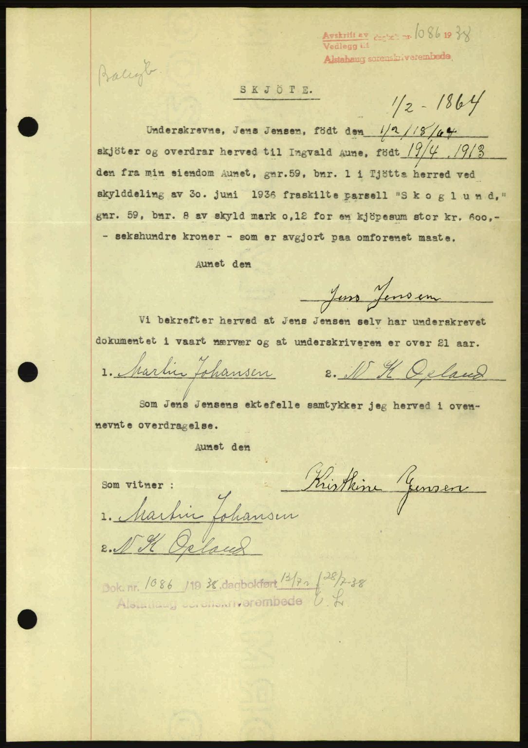 Alstahaug sorenskriveri, SAT/A-1009: Pantebok nr. A3, 1937-1938, Dagboknr: 1086/1938