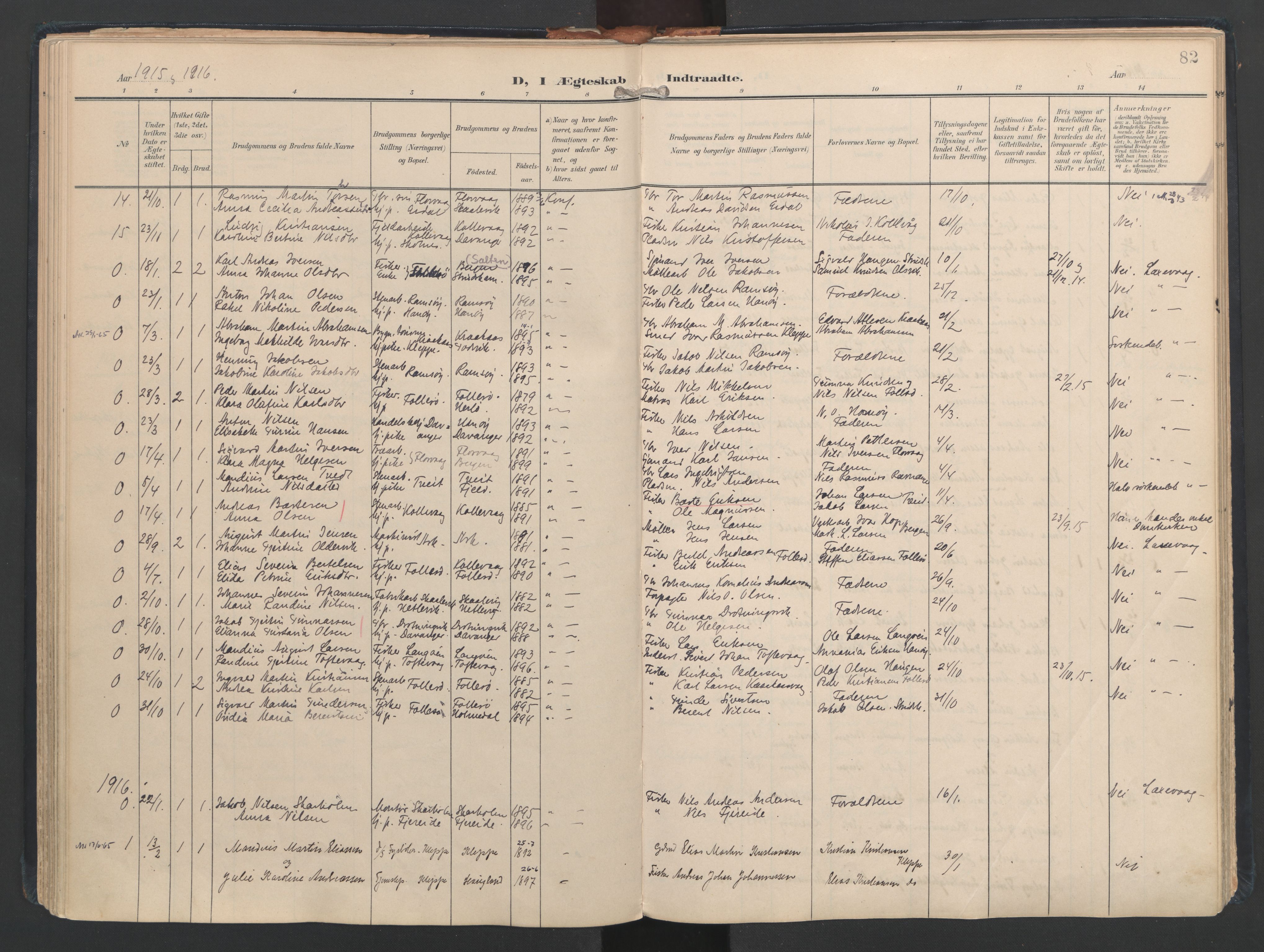 Askøy Sokneprestembete, AV/SAB-A-74101/H/Ha/Haa/Haad/L0001: Ministerialbok nr. D 1, 1902-1916, s. 82