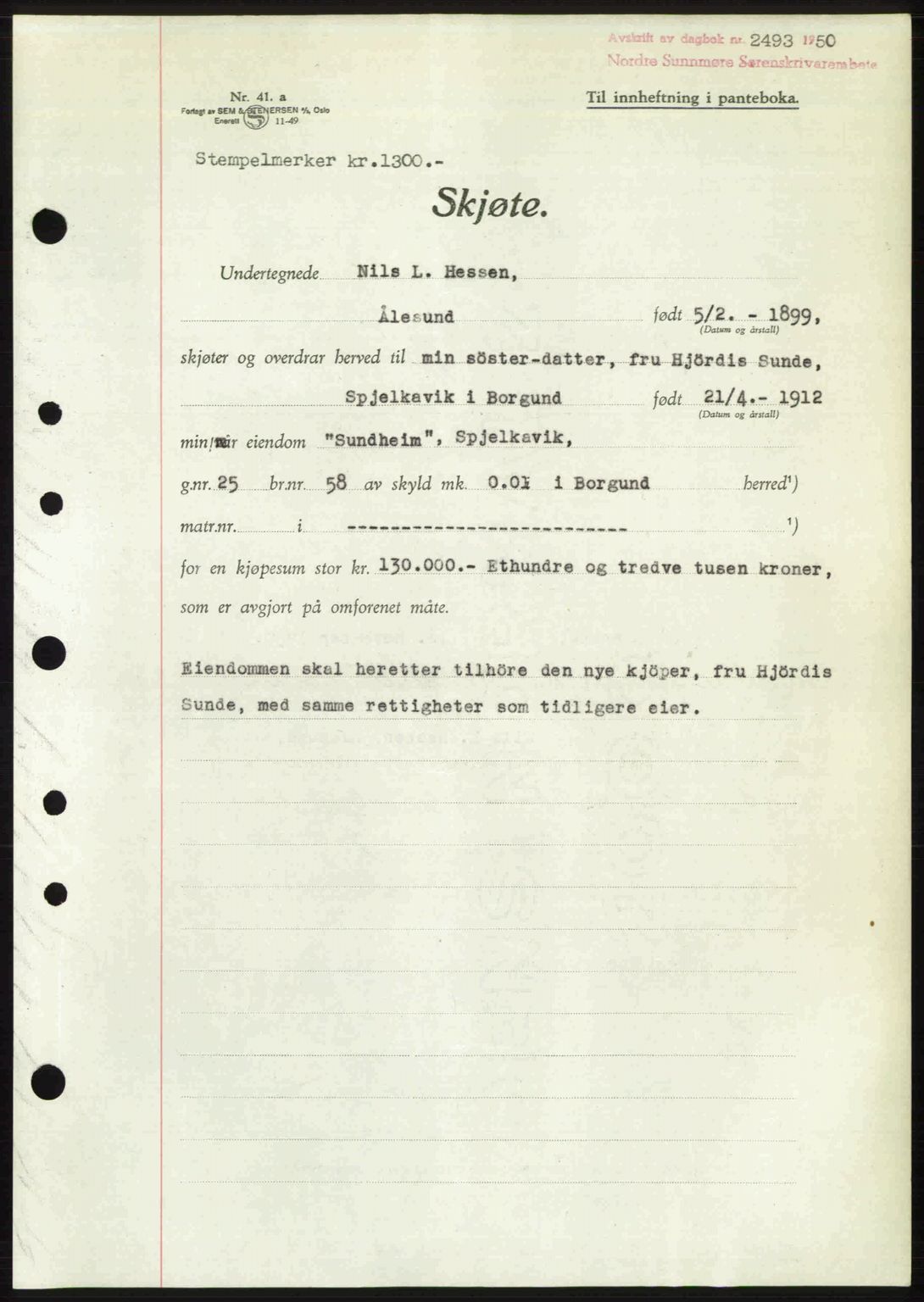 Nordre Sunnmøre sorenskriveri, AV/SAT-A-0006/1/2/2C/2Ca: Pantebok nr. A36, 1950-1950, Dagboknr: 2493/1950