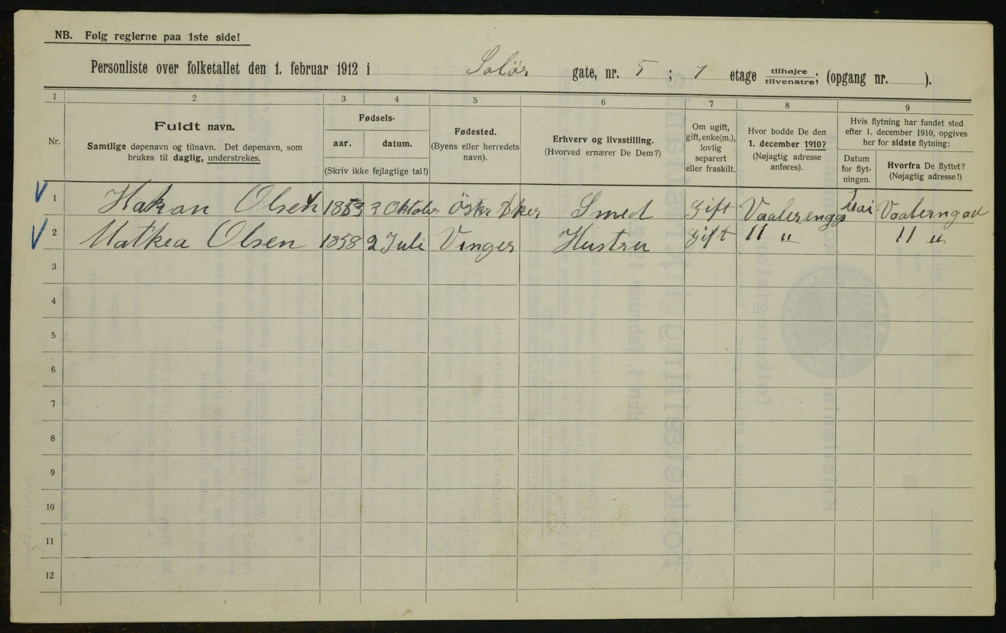 OBA, Kommunal folketelling 1.2.1912 for Kristiania, 1912, s. 100043