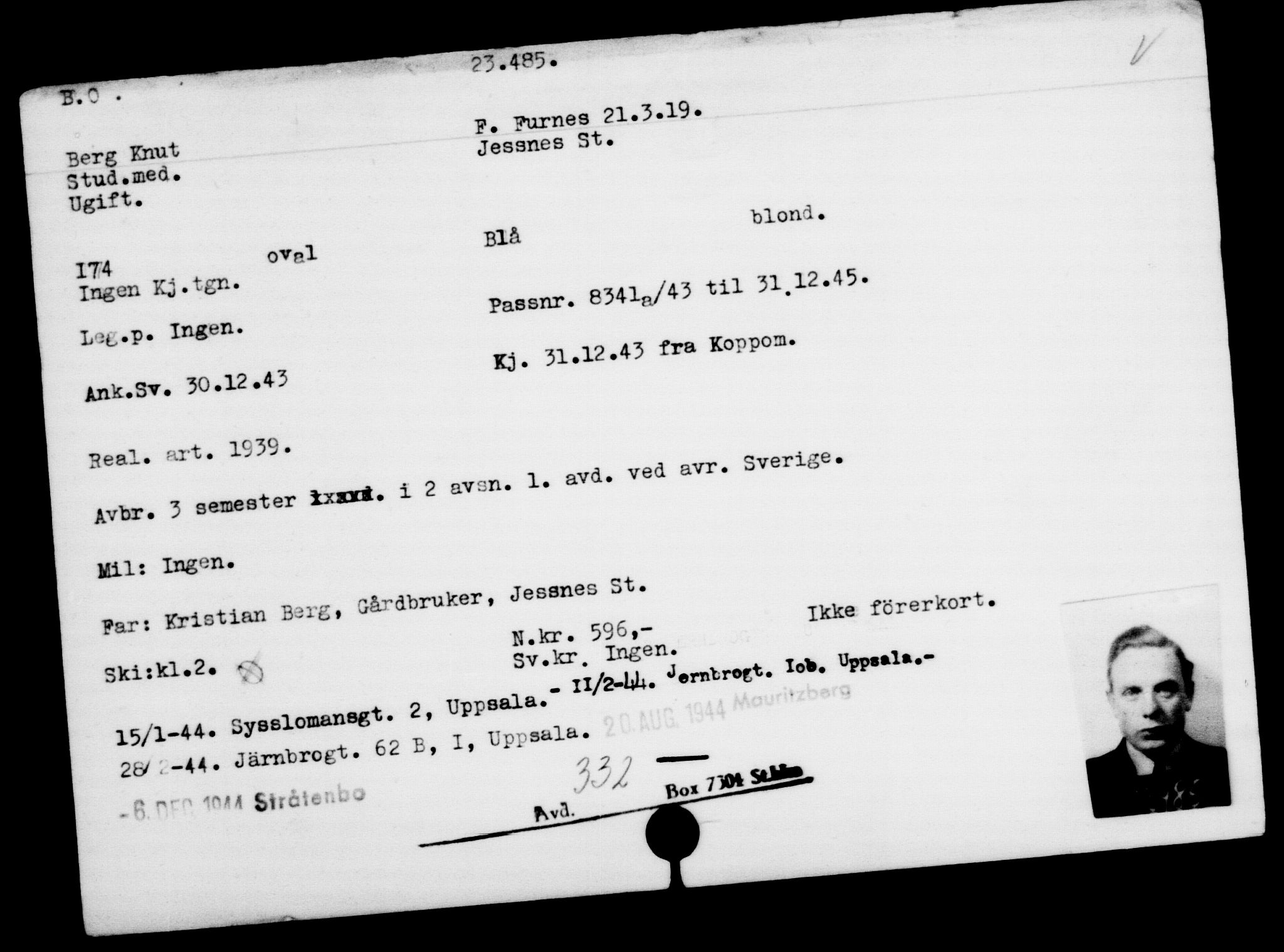 Utenriksstasjonene, Legasjonen i Stockholm, Flyktningkontoret, AV/RA-S-6753/V/Va/L0010: Kjesäterkartoteket, flyktninger med registreringsnr. 22000-25314, 1940-1945, s. 1581