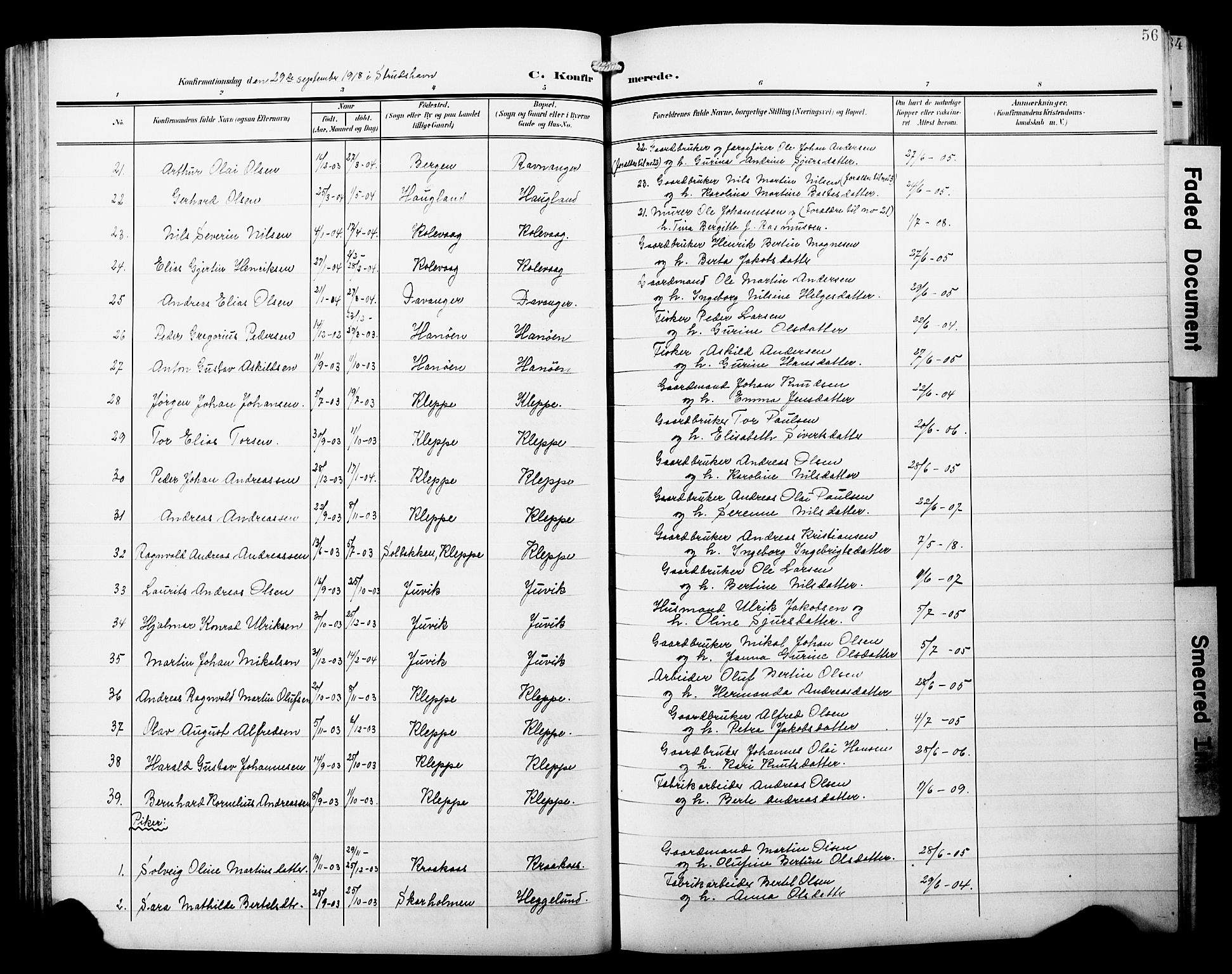 Askøy Sokneprestembete, AV/SAB-A-74101/H/Ha/Hab/Haba/L0014: Klokkerbok nr. A 14, 1904-1927, s. 56