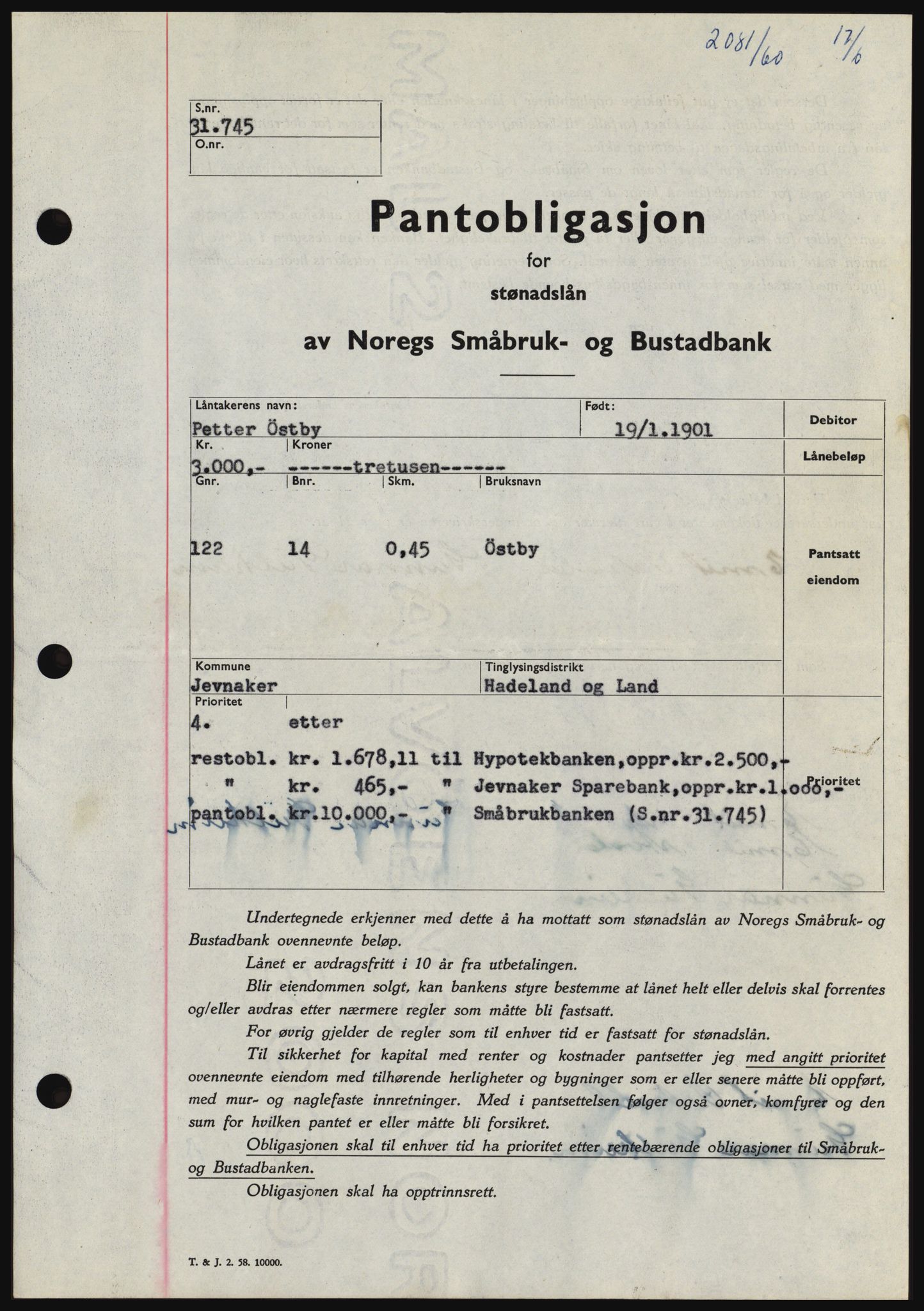 Hadeland og Land tingrett, SAH/TING-010/H/Hb/Hbc/L0043: Pantebok nr. B43, 1960-1960, Dagboknr: 2081/1960
