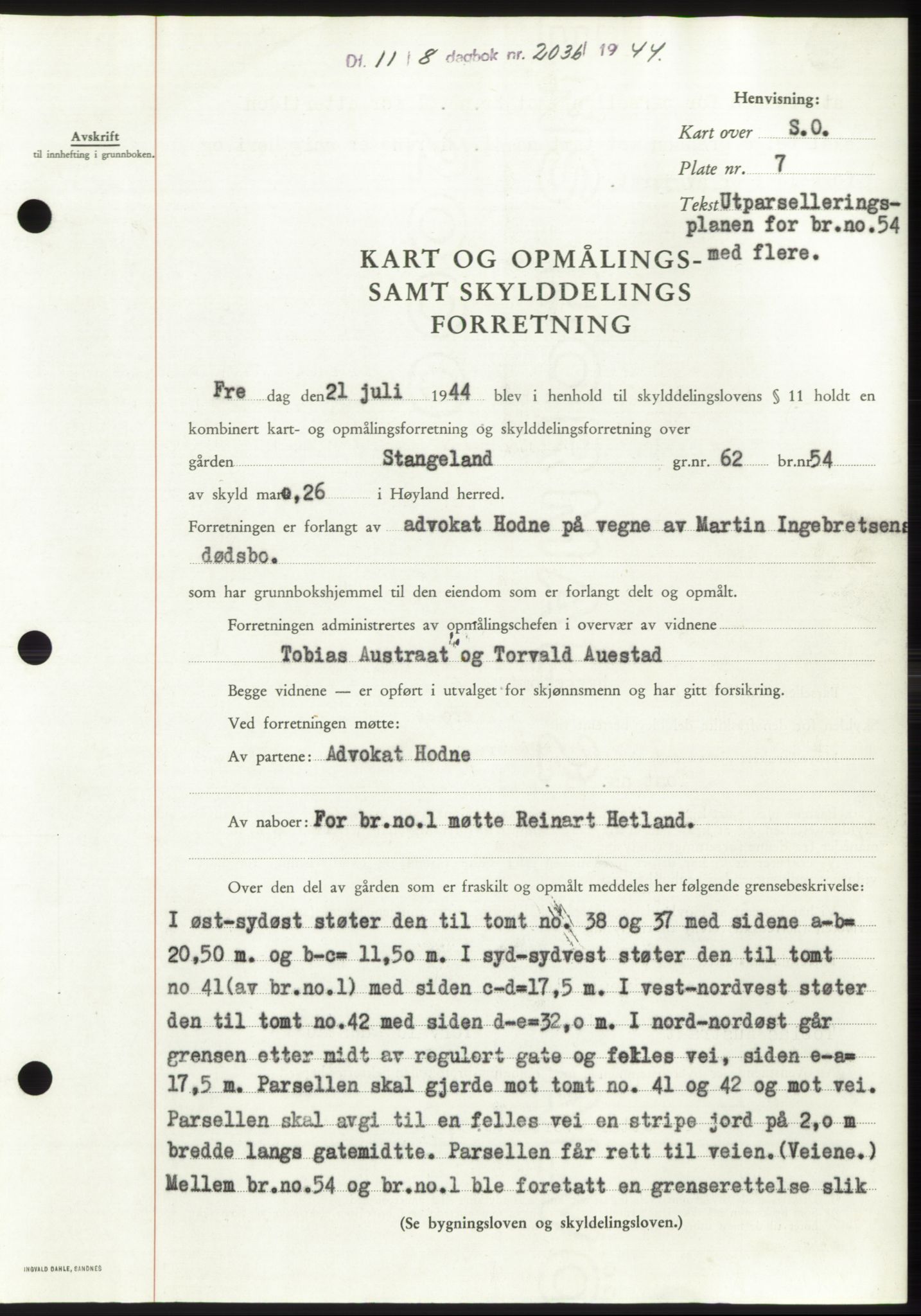 Jæren sorenskriveri, SAST/A-100310/03/G/Gba/L0087: Pantebok, 1944-1945, Dagboknr: 2036/1944