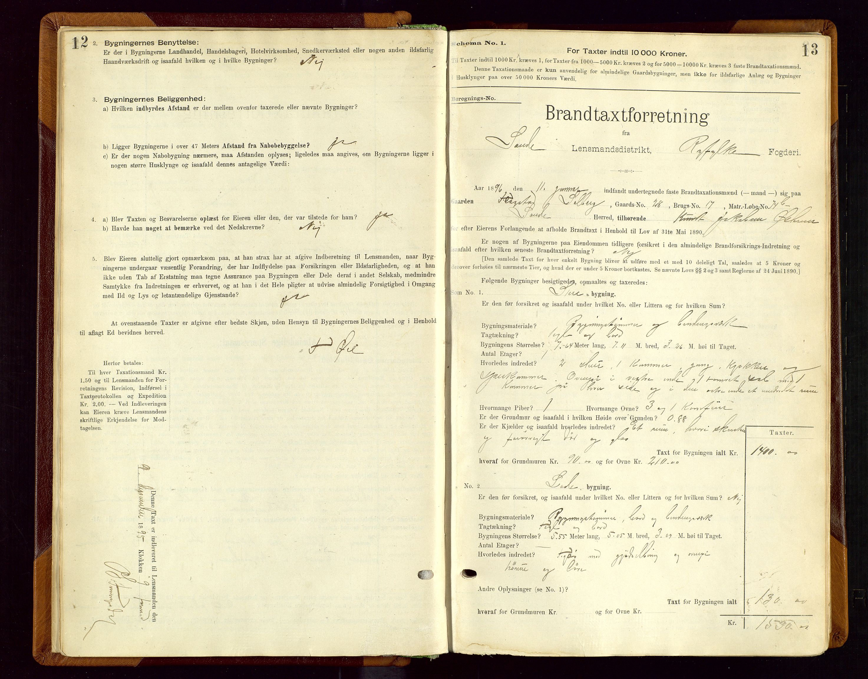 Sauda lensmannskontor, AV/SAST-A-100177/Gob/L0001: Branntakstprotokoll - skjematakst, 1894-1914, s. 12-13