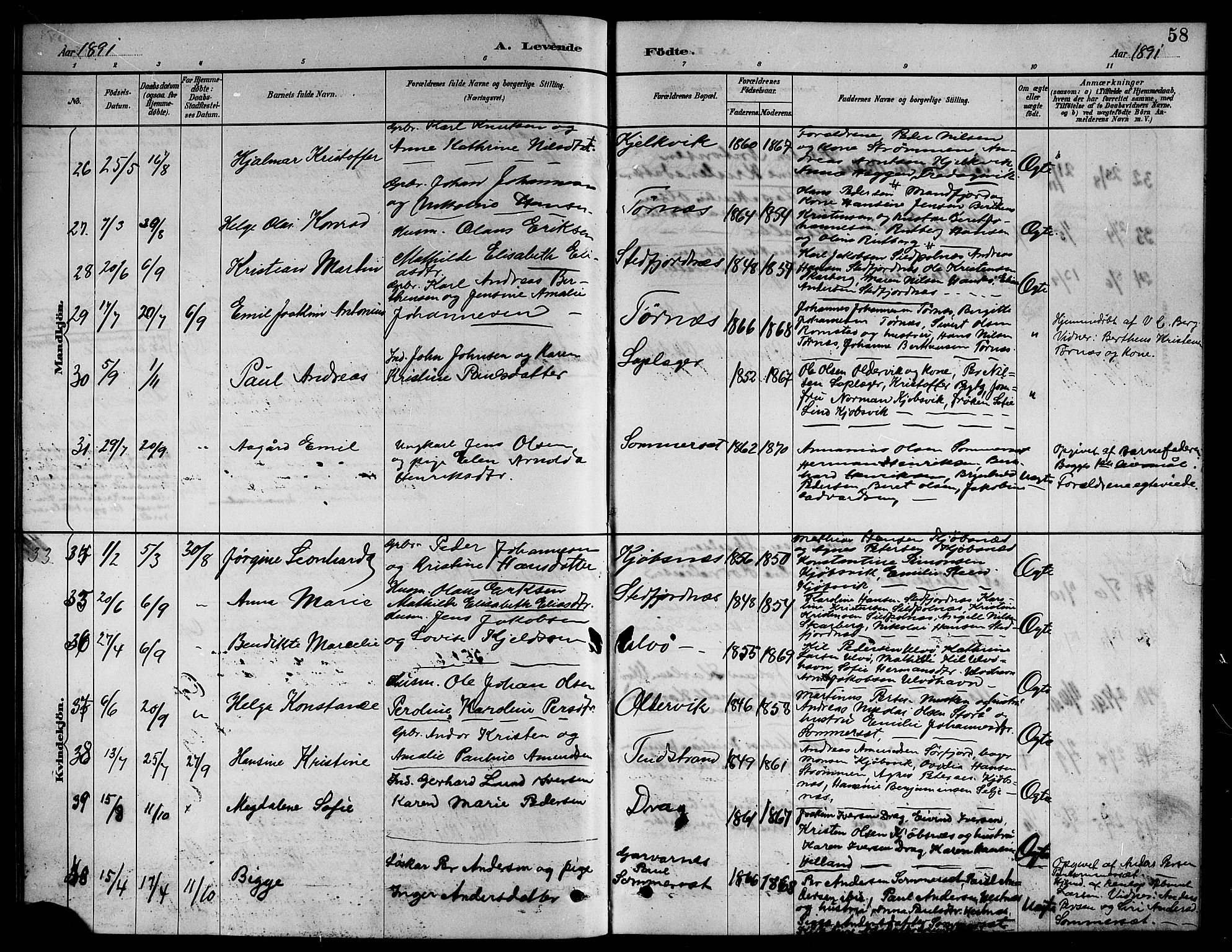 Ministerialprotokoller, klokkerbøker og fødselsregistre - Nordland, AV/SAT-A-1459/861/L0876: Klokkerbok nr. 861C02, 1887-1903, s. 58