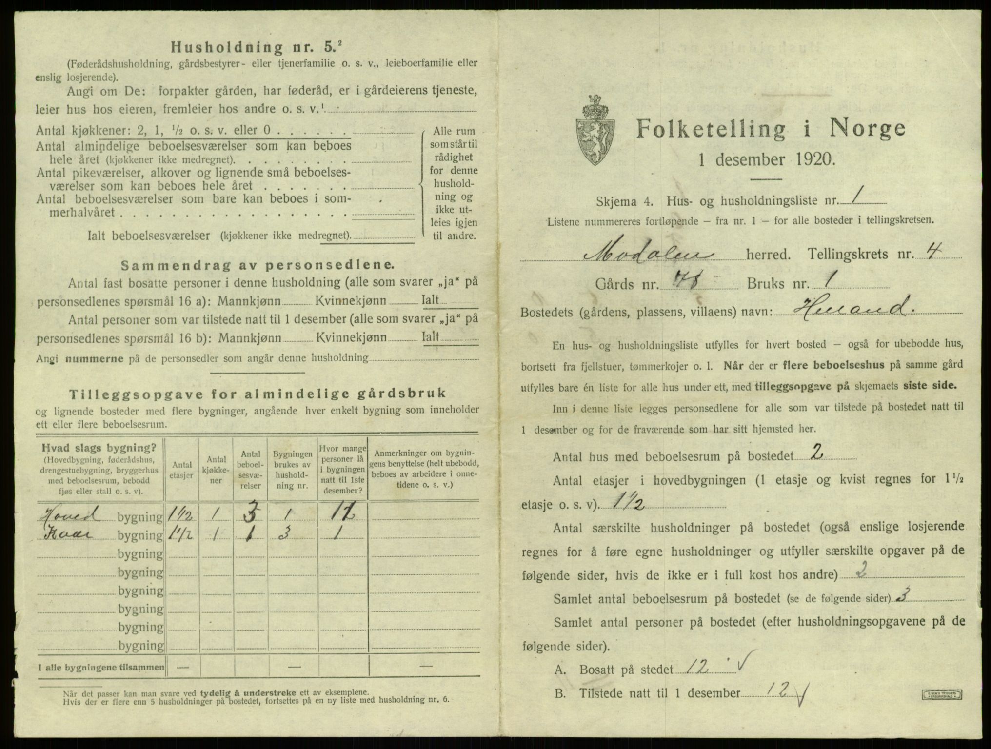 SAB, Folketelling 1920 for 1252 Modalen herred, 1920, s. 122