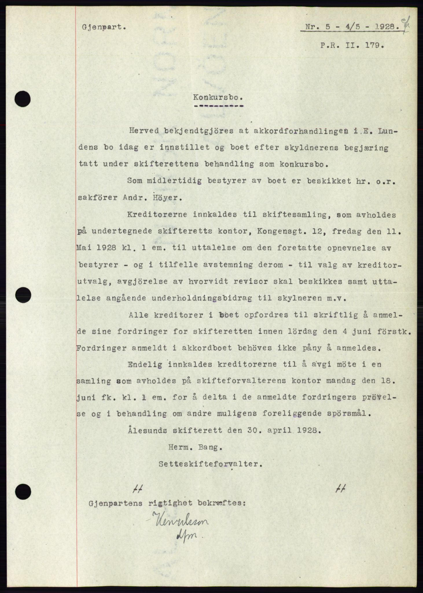 Ålesund byfogd, AV/SAT-A-4384: Pantebok nr. 24, 1928-1929, Tingl.dato: 04.05.1928