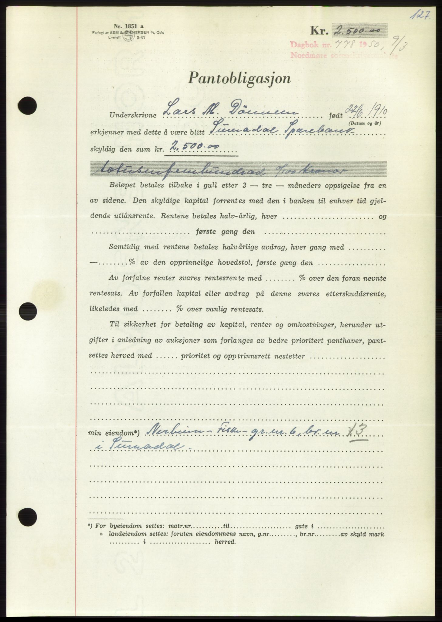 Nordmøre sorenskriveri, SAT/A-4132/1/2/2Ca: Pantebok nr. B104, 1950-1950, Dagboknr: 778/1950