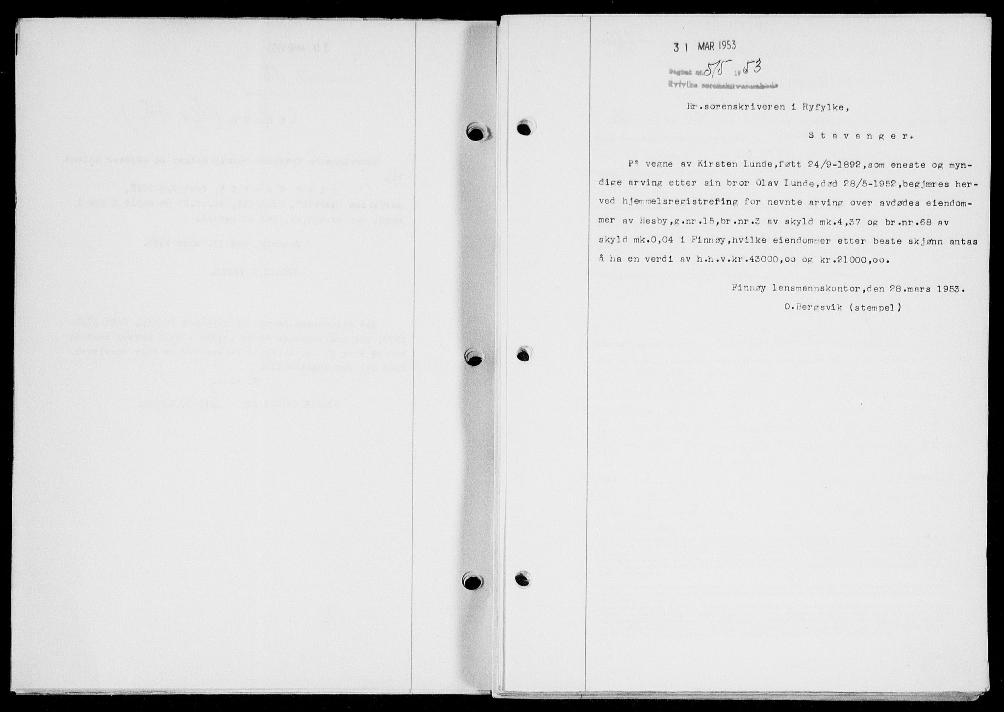 Ryfylke tingrett, SAST/A-100055/001/II/IIB/L0120: Pantebok nr. 99, 1952-1953, Dagboknr: 515/1953