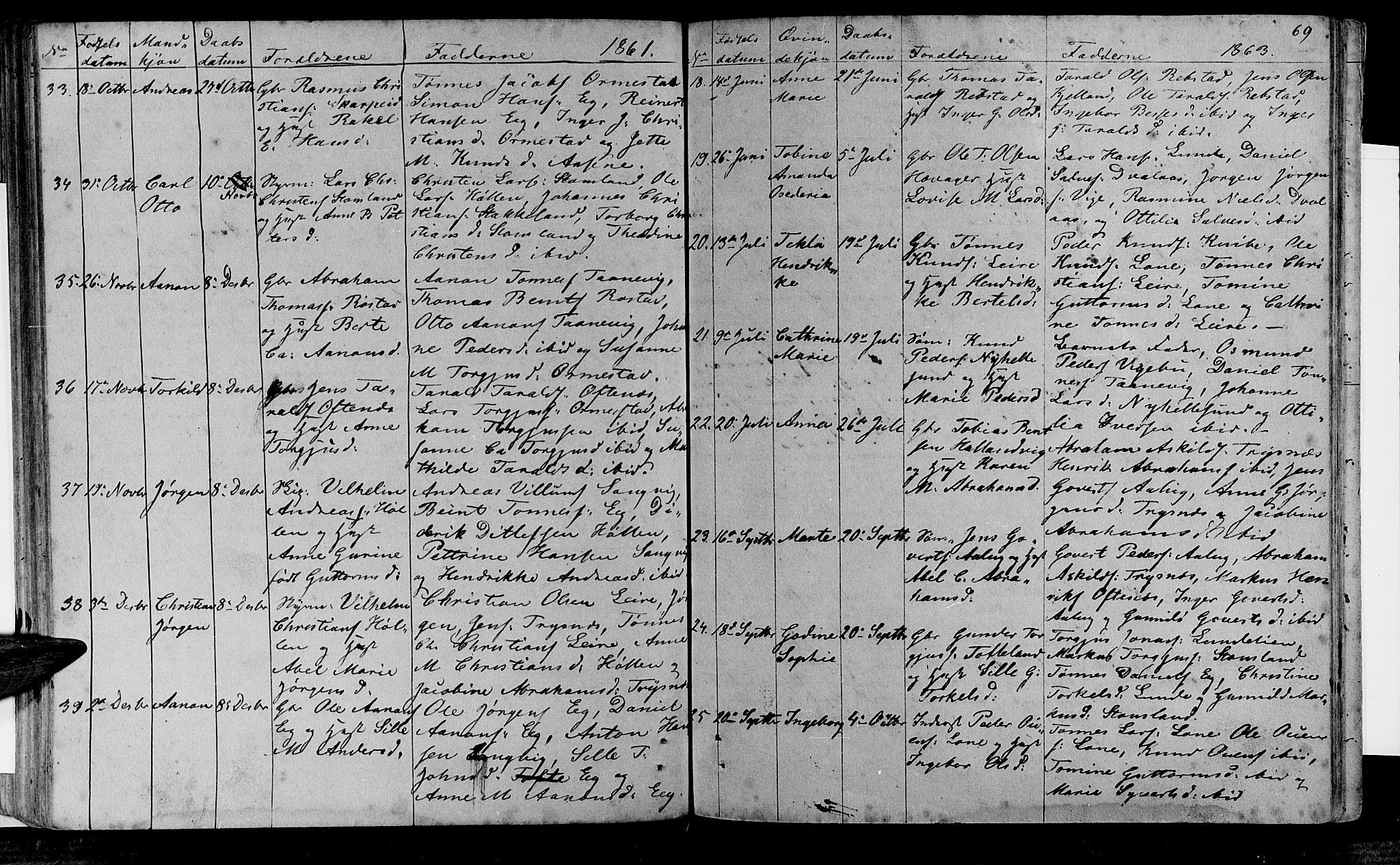 Søgne sokneprestkontor, AV/SAK-1111-0037/F/Fb/Fbb/L0003: Klokkerbok nr. B 3, 1848-1864, s. 69