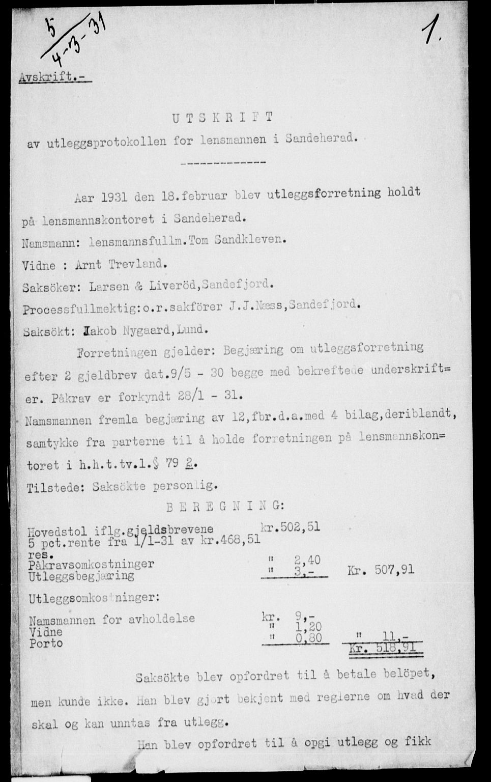 Larvik sorenskriveri, SAKO/A-83/G/Ga/Gab/L0054: Pantebok nr. II 54, 1931-1931, s. 1