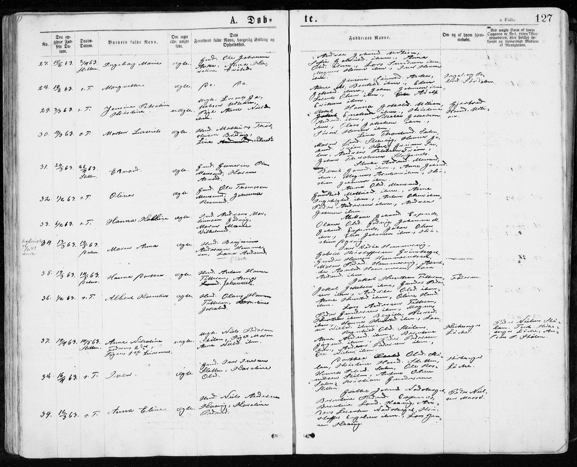 Ministerialprotokoller, klokkerbøker og fødselsregistre - Sør-Trøndelag, SAT/A-1456/640/L0576: Ministerialbok nr. 640A01, 1846-1876, s. 127