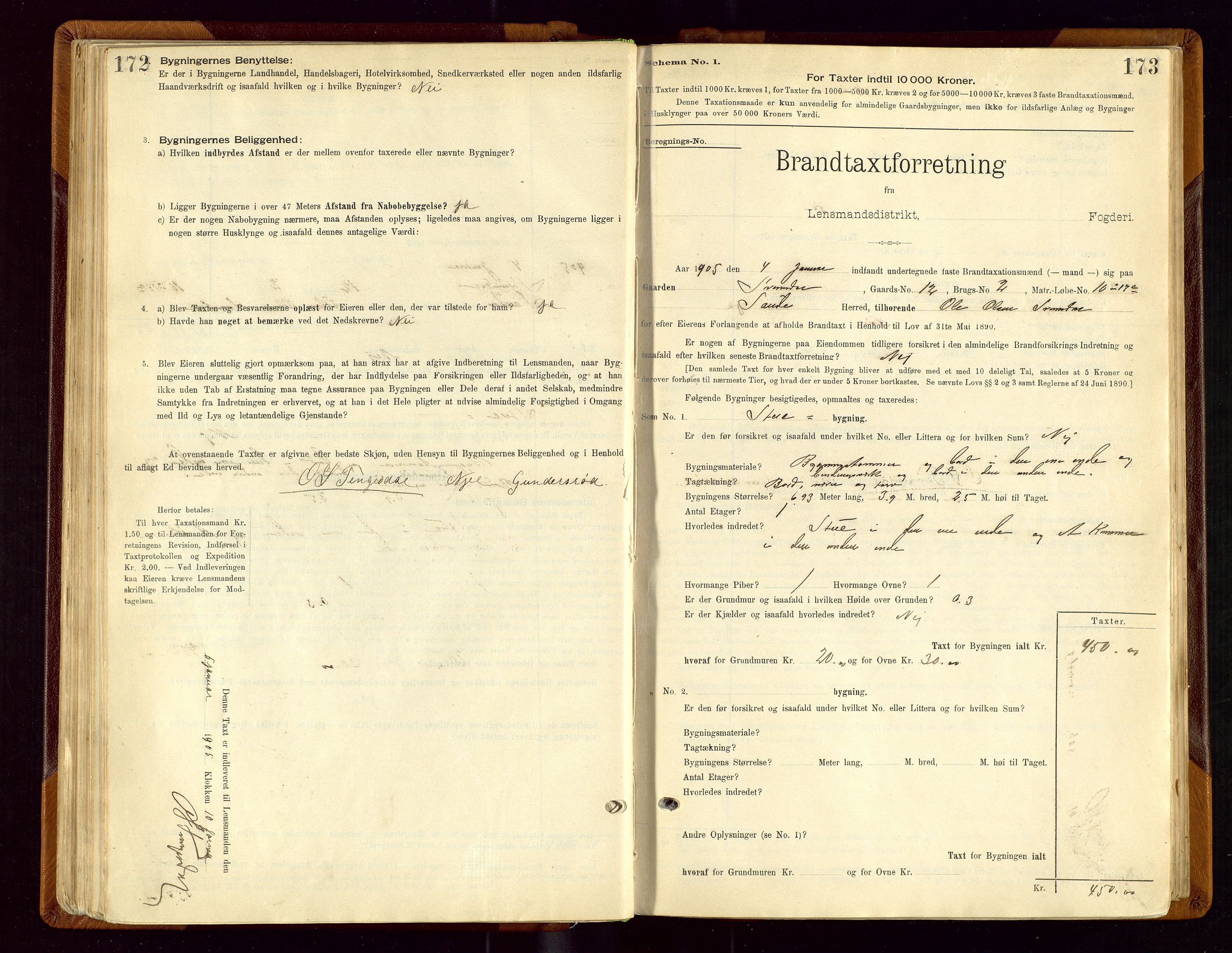 Sauda lensmannskontor, SAST/A-100177/Gob/L0001: Branntakstprotokoll - skjematakst, 1894-1914, s. 172-173