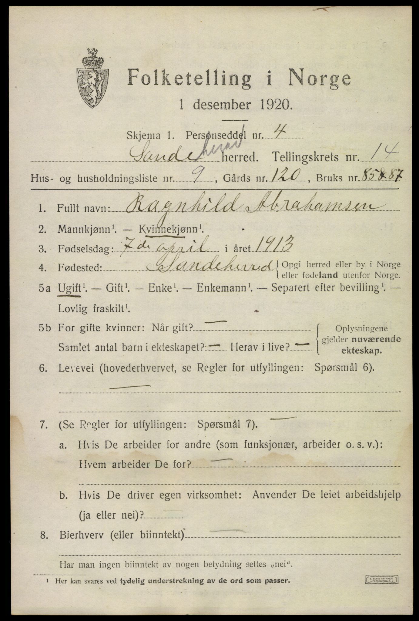 SAKO, Folketelling 1920 for 0724 Sandeherred herred, 1920, s. 20296