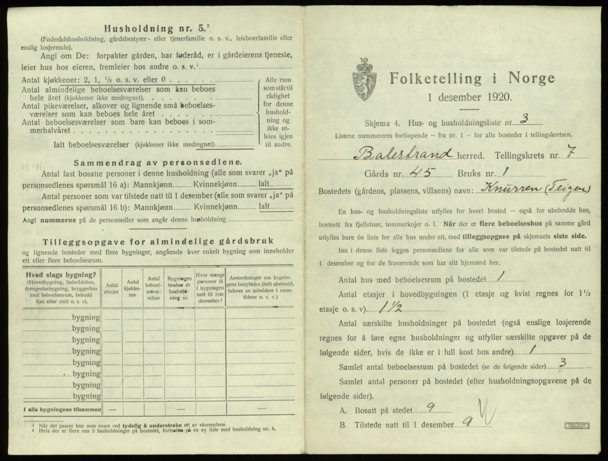 SAB, Folketelling 1920 for 1418 Balestrand herred, 1920, s. 425