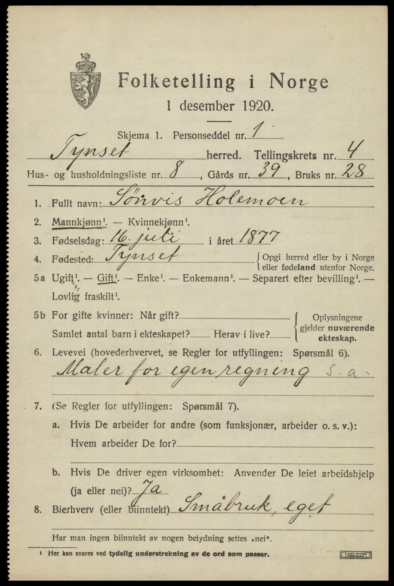 SAH, Folketelling 1920 for 0437 Tynset herred, 1920, s. 3274