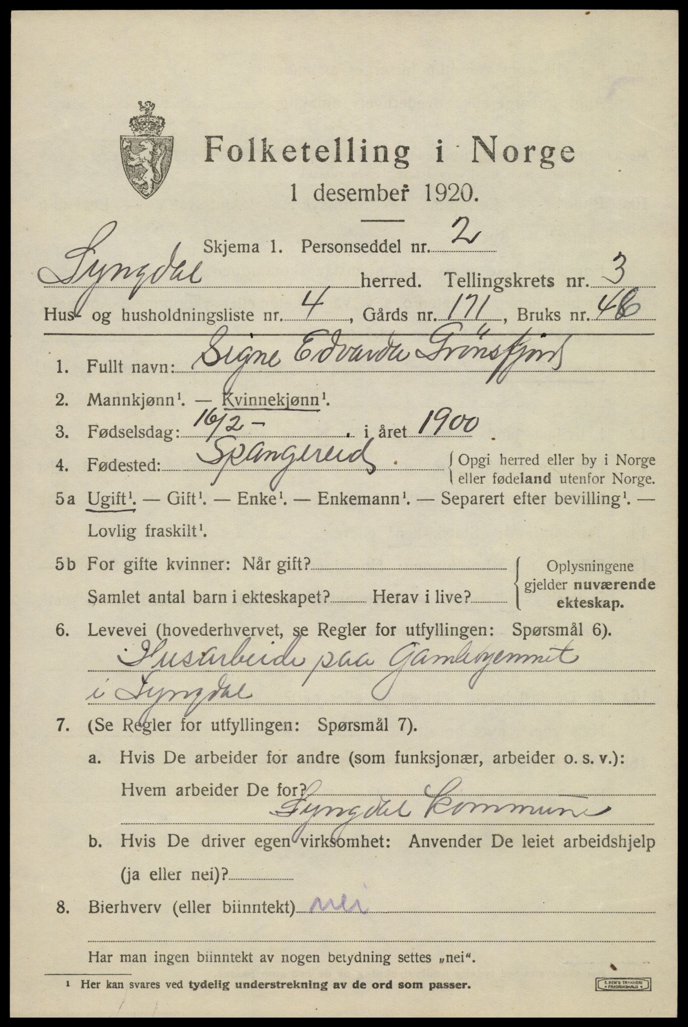 SAK, Folketelling 1920 for 1032 Lyngdal herred, 1920, s. 1947