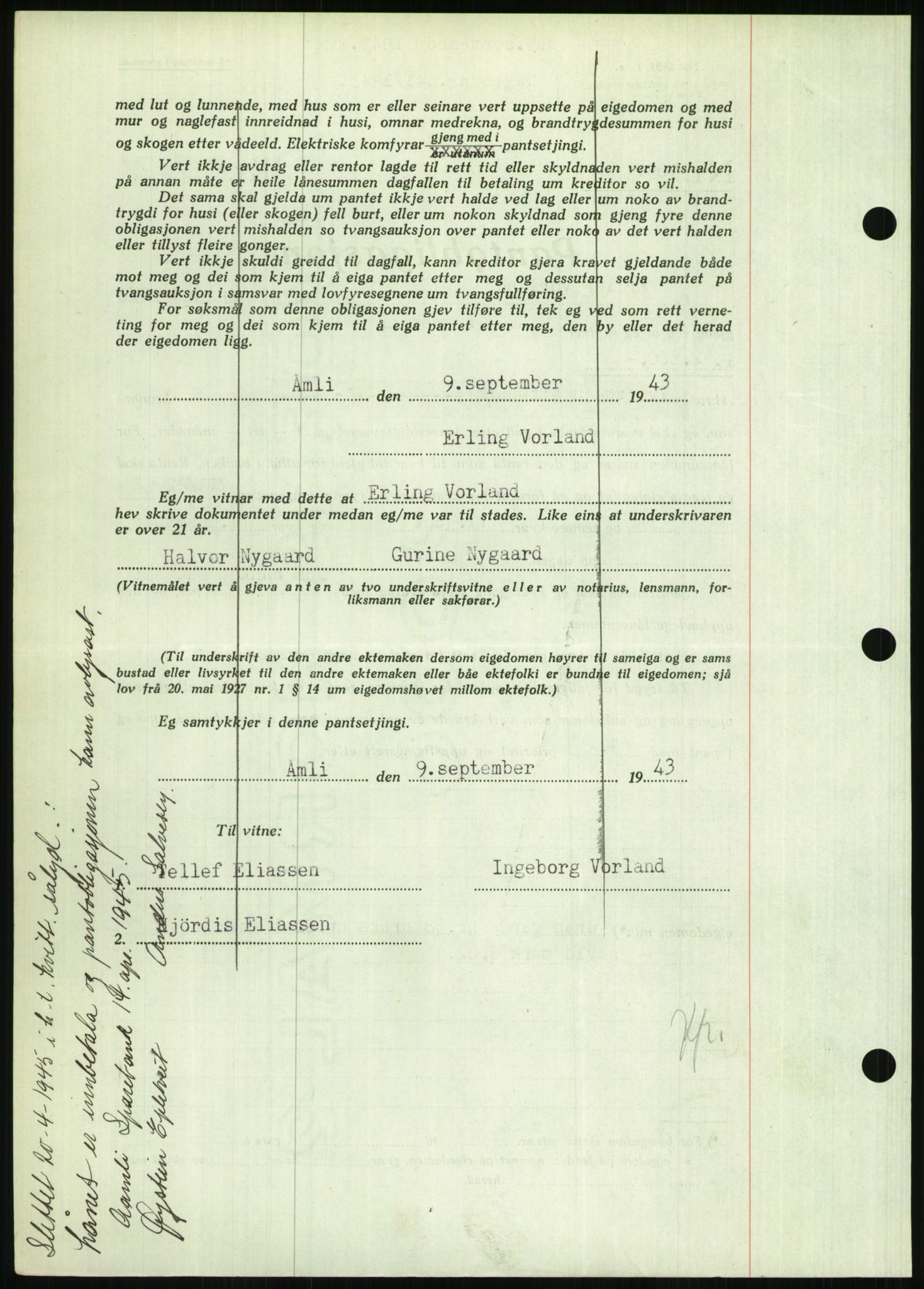 Nedenes sorenskriveri, AV/SAK-1221-0006/G/Gb/Gbb/L0002: Pantebok nr. II, 1942-1945, Dagboknr: 841/1943