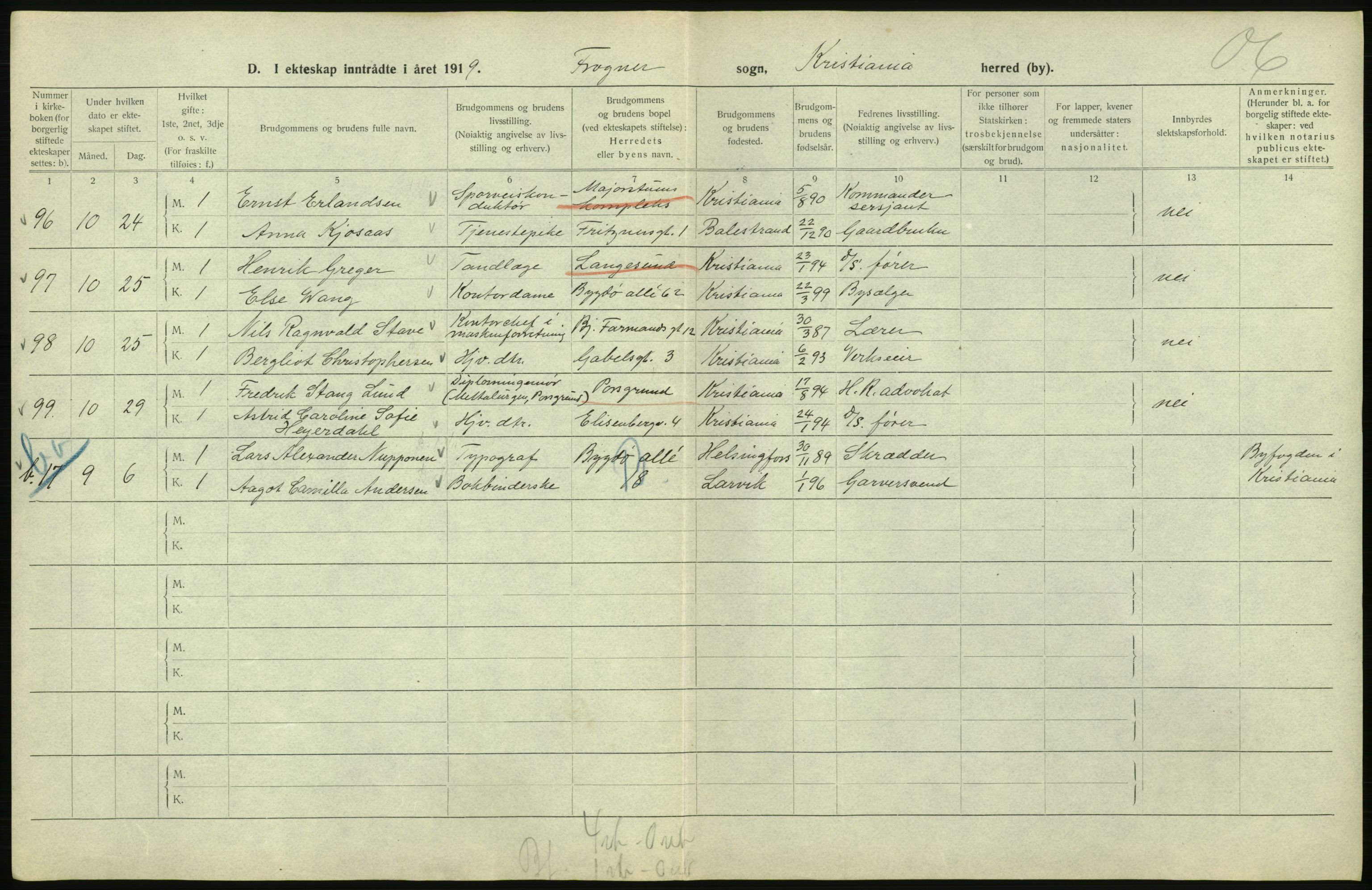 Statistisk sentralbyrå, Sosiodemografiske emner, Befolkning, RA/S-2228/D/Df/Dfb/Dfbi/L0009: Kristiania: Gifte, 1919, s. 196