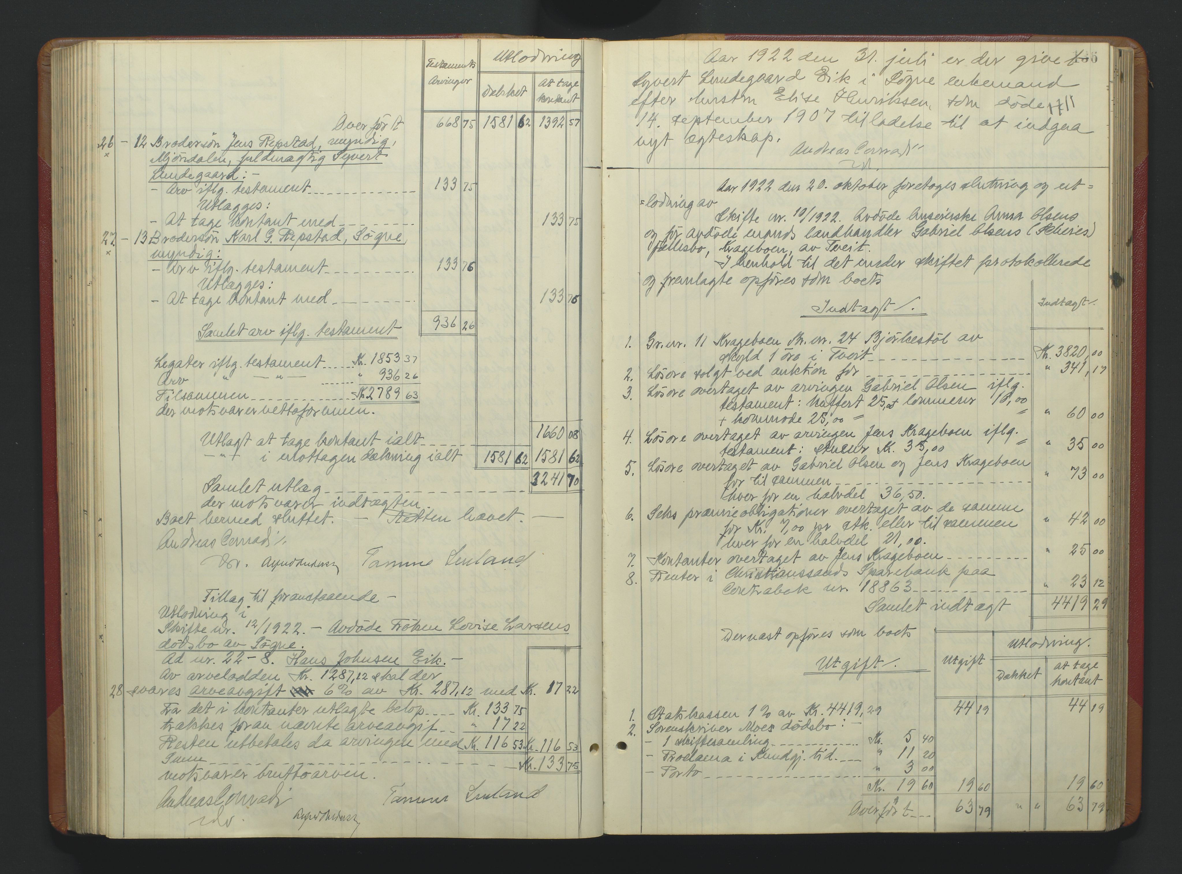 Torridal sorenskriveri, SAK/1221-0012/H/Hc/L0037: Skifteutlodningsprotokoll med navneregister nr. 6, 1918-1927, s. 136