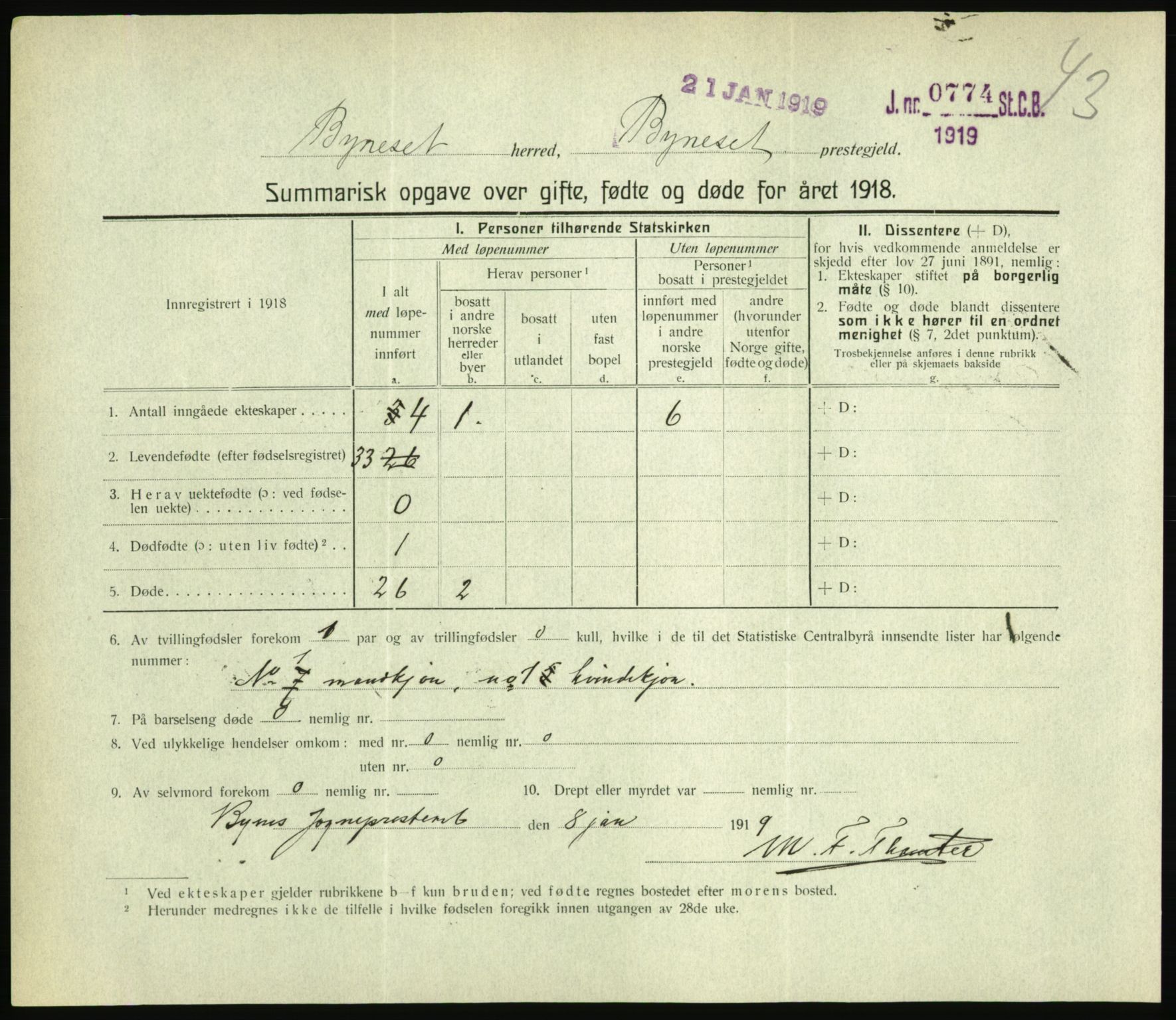 Statistisk sentralbyrå, Sosiodemografiske emner, Befolkning, AV/RA-S-2228/D/Df/Dfb/Dfbh/L0059: Summariske oppgaver over gifte, fødte og døde for hele landet., 1918, s. 1331