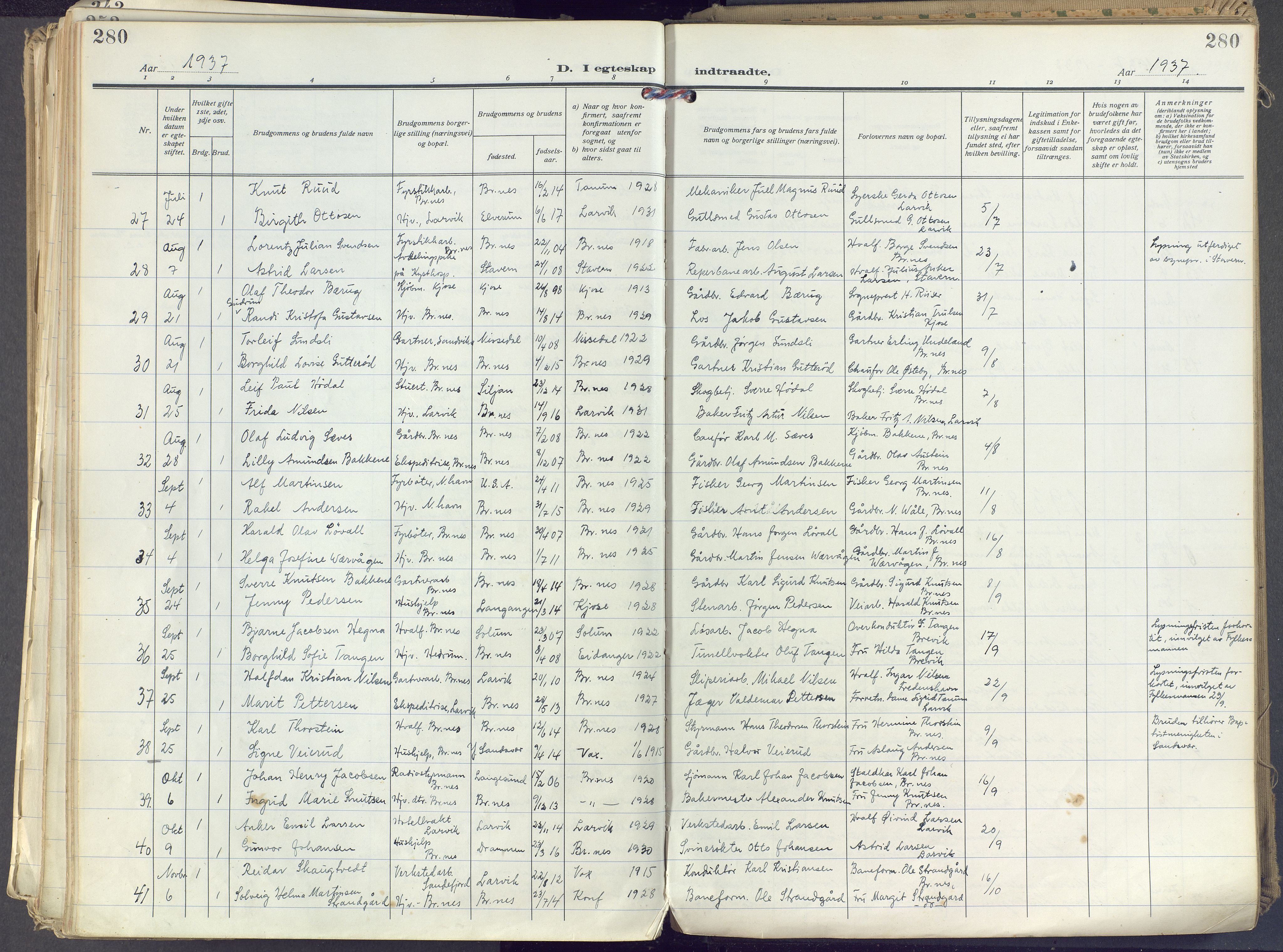 Brunlanes kirkebøker, SAKO/A-342/F/Fc/L0004: Ministerialbok nr. III 4, 1923-1943, s. 280