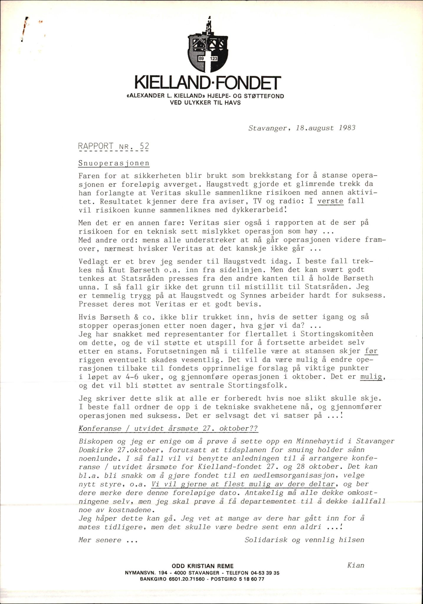 Pa 1660 - Kielland- fondet, AV/SAST-A-102242/X/Xa/L0001: Rapport til overlevende og etterlatte/ Kielland Bulletin, 1980-1998