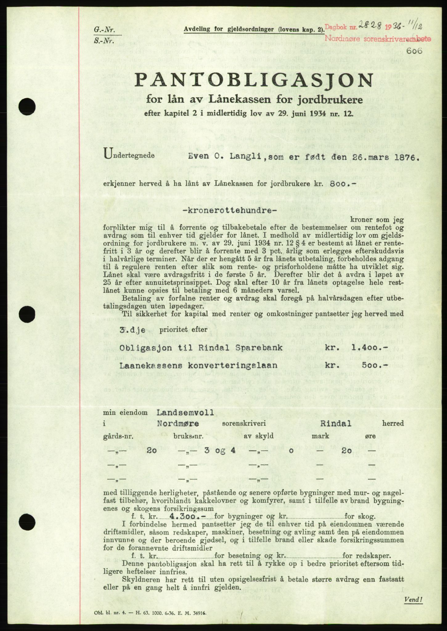 Nordmøre sorenskriveri, AV/SAT-A-4132/1/2/2Ca/L0090: Pantebok nr. B80, 1936-1937, Dagboknr: 2828/1936